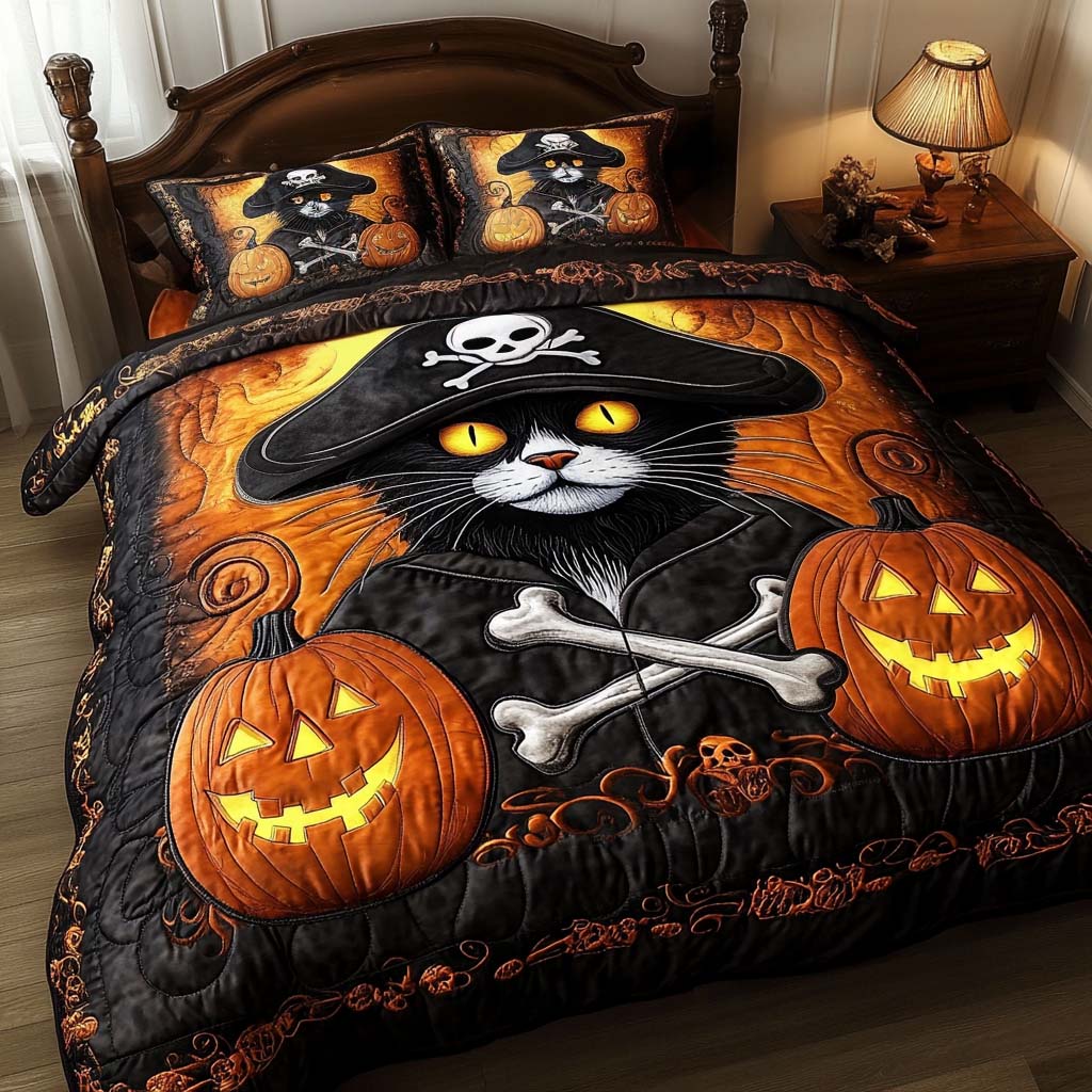 Pirate Purr Quilted Bedding Set Holiday Duvet Cover Set Halloween Gifts For Teens