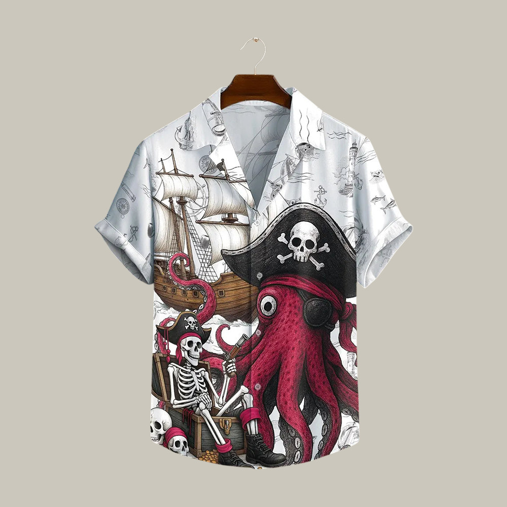 Pirate Skeleton Octopus Graphic Hawaiian Shirt Vintage Aloha Shirt Cool Gift For Pirate