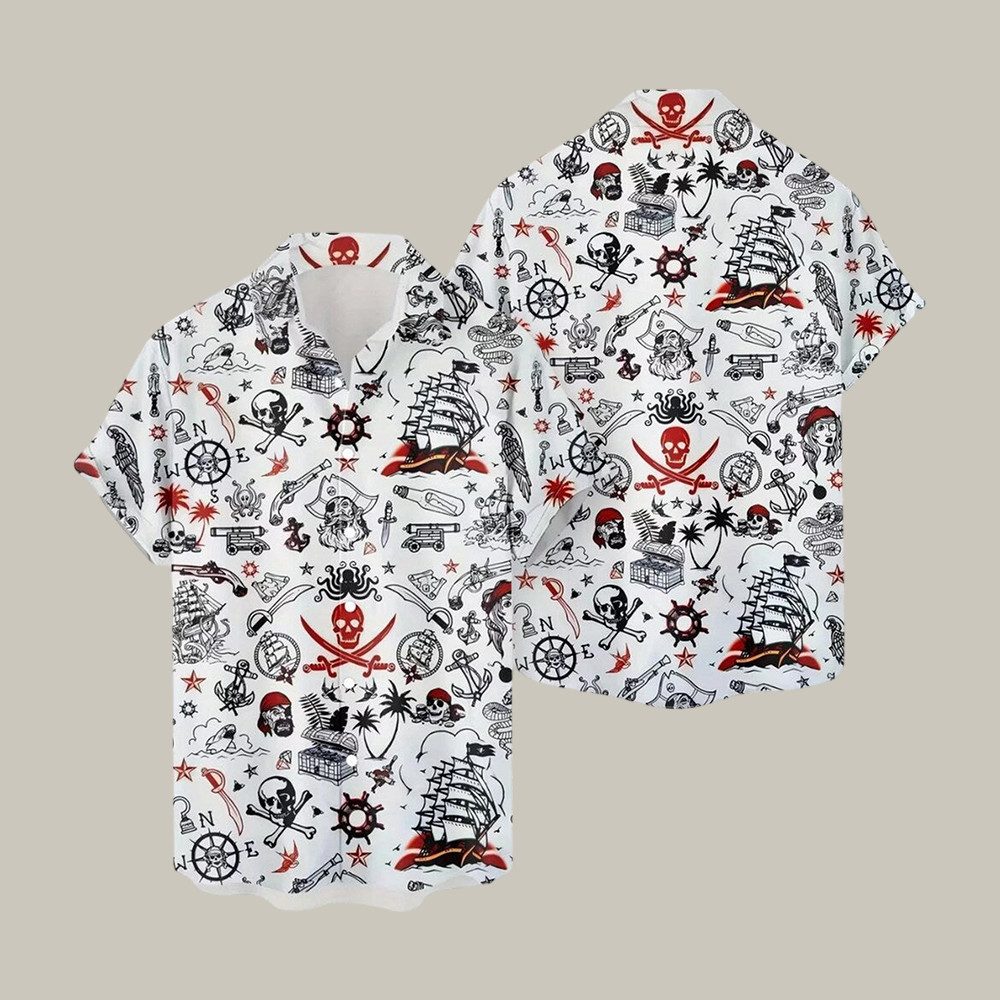 Pirates Hawaiian Shirt Nautical Skull Crossbones Ship Compass Tee Great Gift For Father's Day