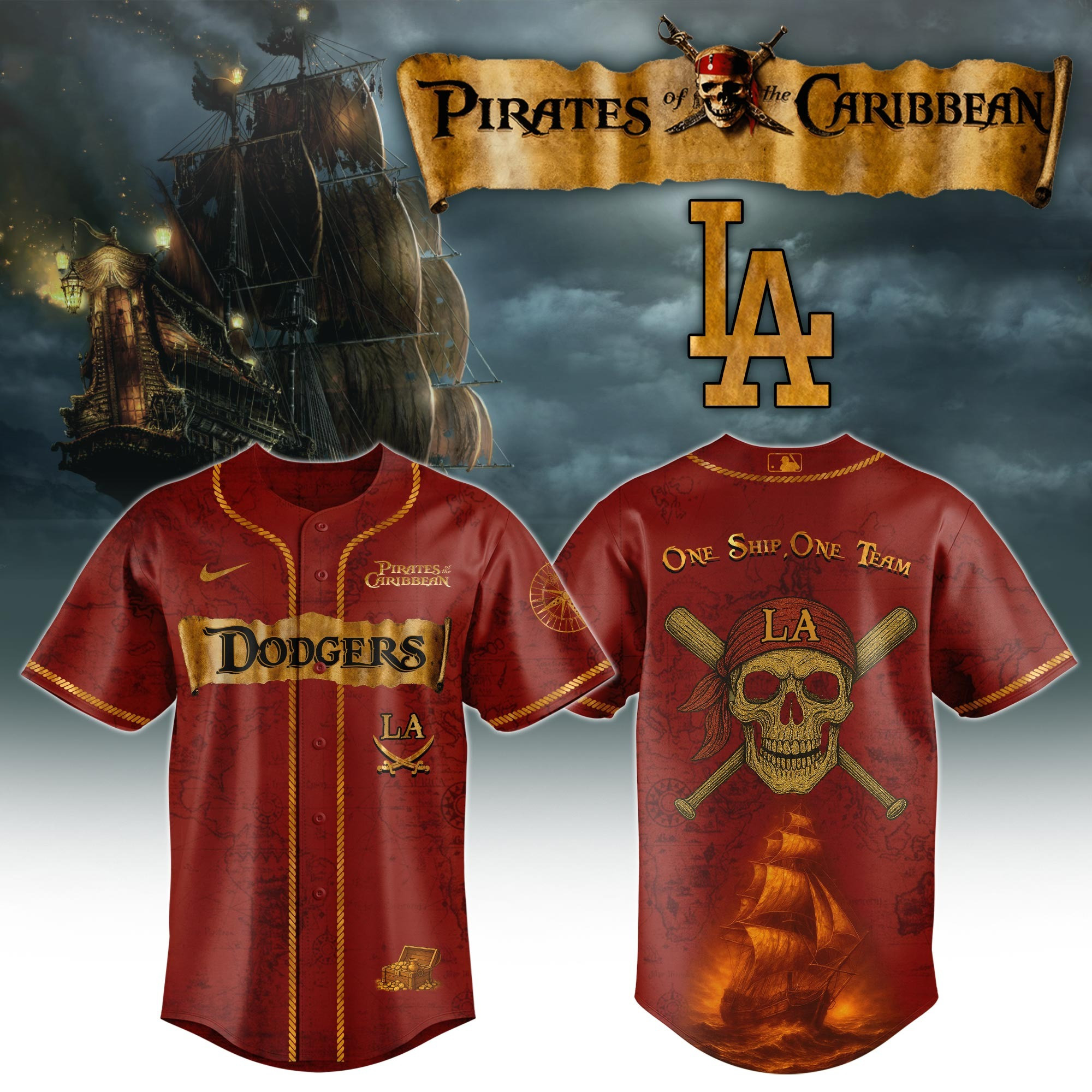 Pirates Of The Caribbean x Los Angeles Dodgers Jersey Presents For Baseball Lovers