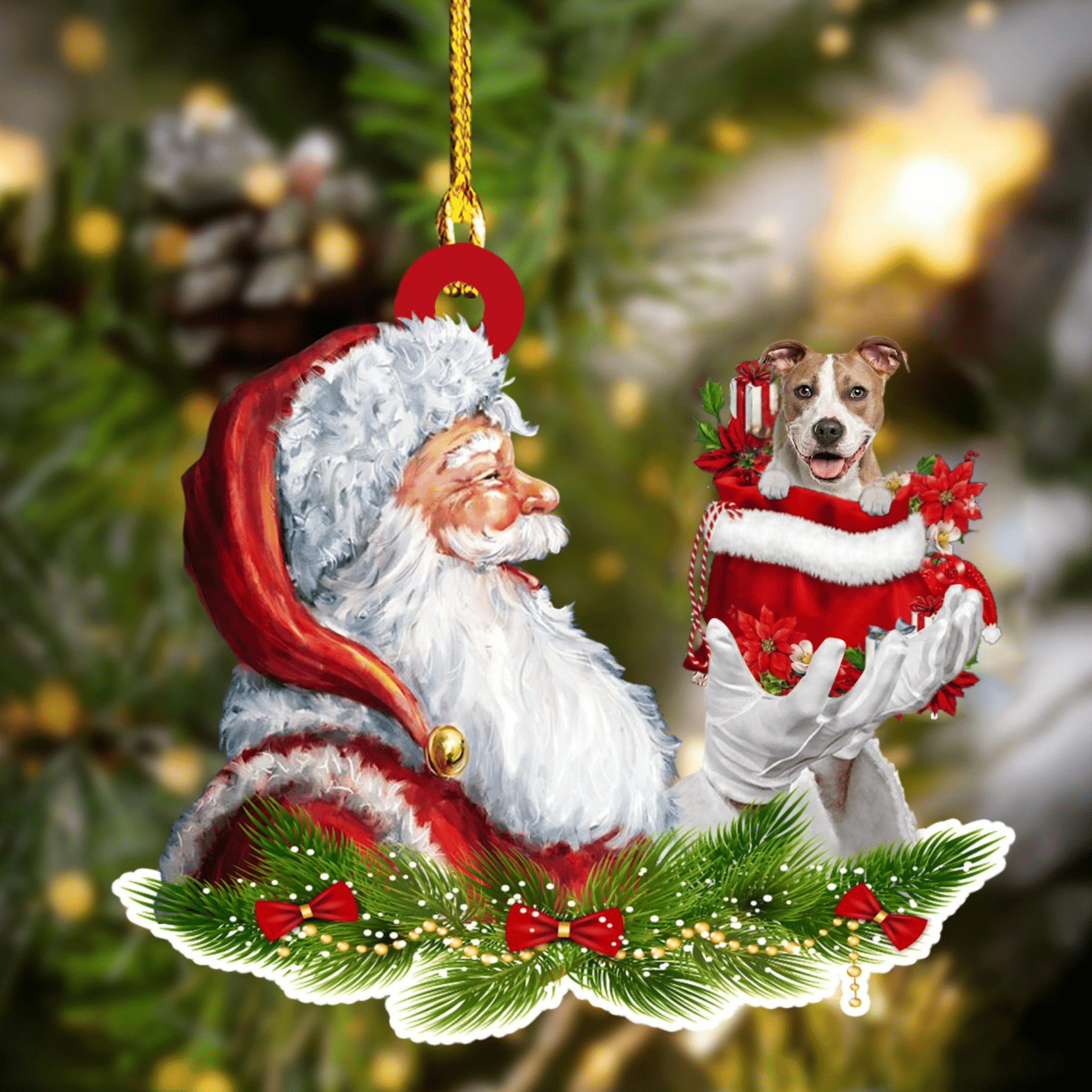 Pitbull and Santa Christmas Ornament for Dog Lovers Dog Mom Acrylic Dog Ornament