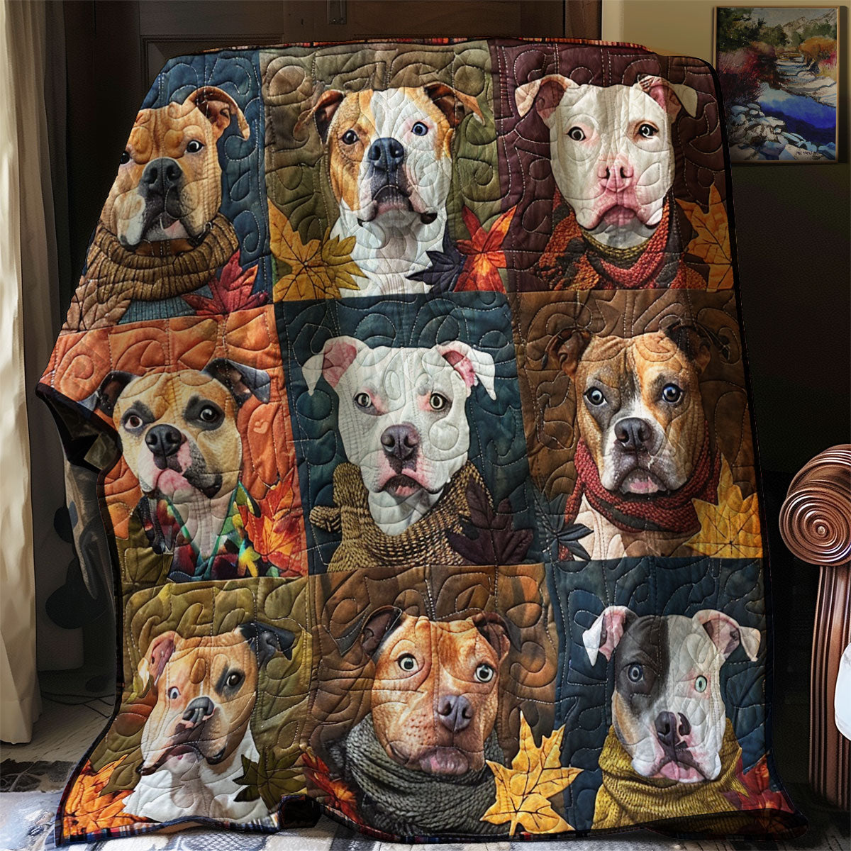 Pitbull Fall Quilt Blanket Queen Size Blanket Best Thank You Gifts