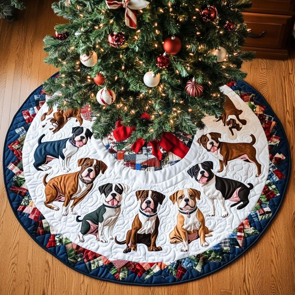 Pitbull Festive Joy Christmas Quilted Tree Skirt Holiday Party Decor for Home