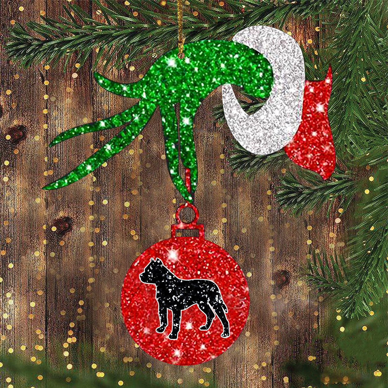 Pitbull Green Hand With Glitter Ball Ornament Christmas Tree Decor Ideas 2024 Pitbull Lover