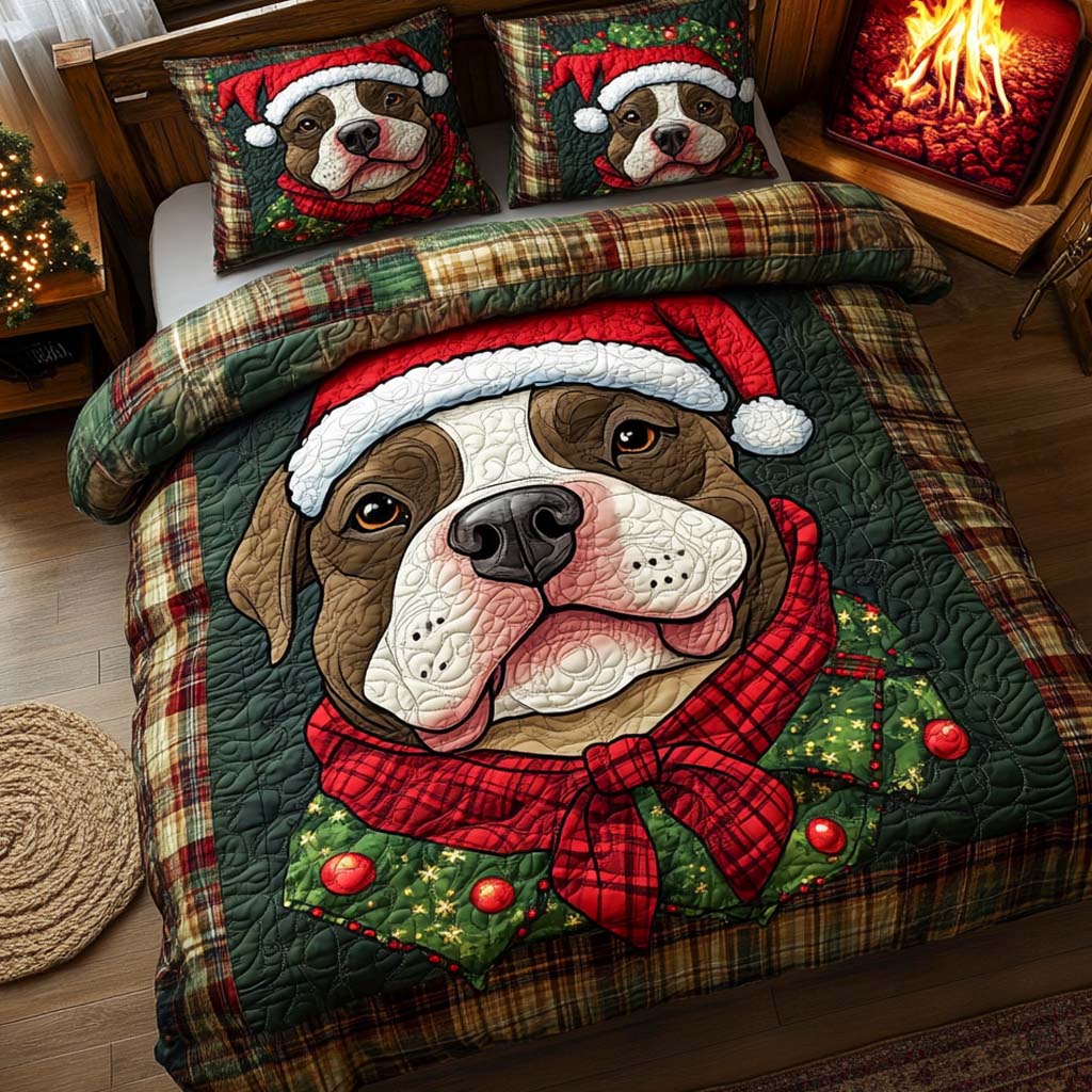 Pitbull Holiday Cheer Quilted Bedding Set Holiday Season Duvet Cover Set Doggy Presents For Christmas