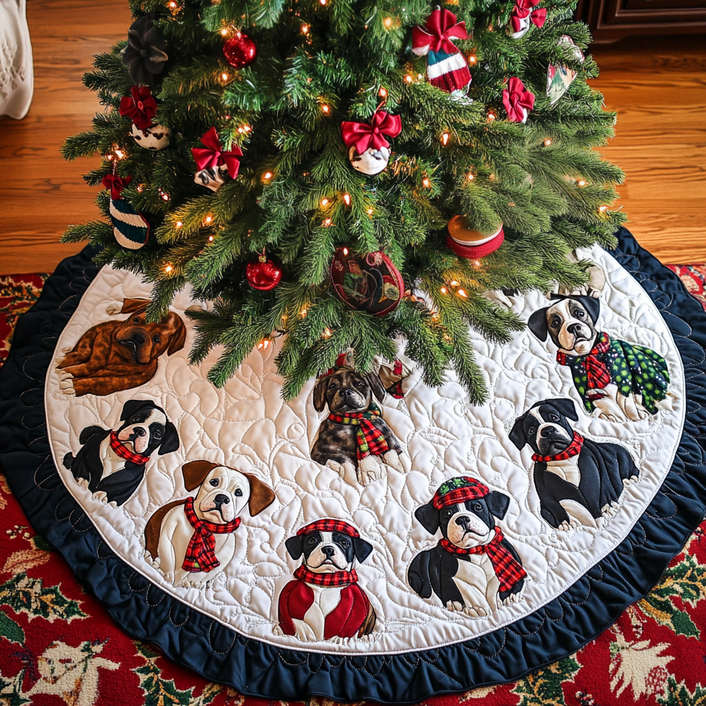 Pitbull Holiday Joy Christmas Quilted Tree Skirt Holiday Merch That Completes Your Christmas Setup