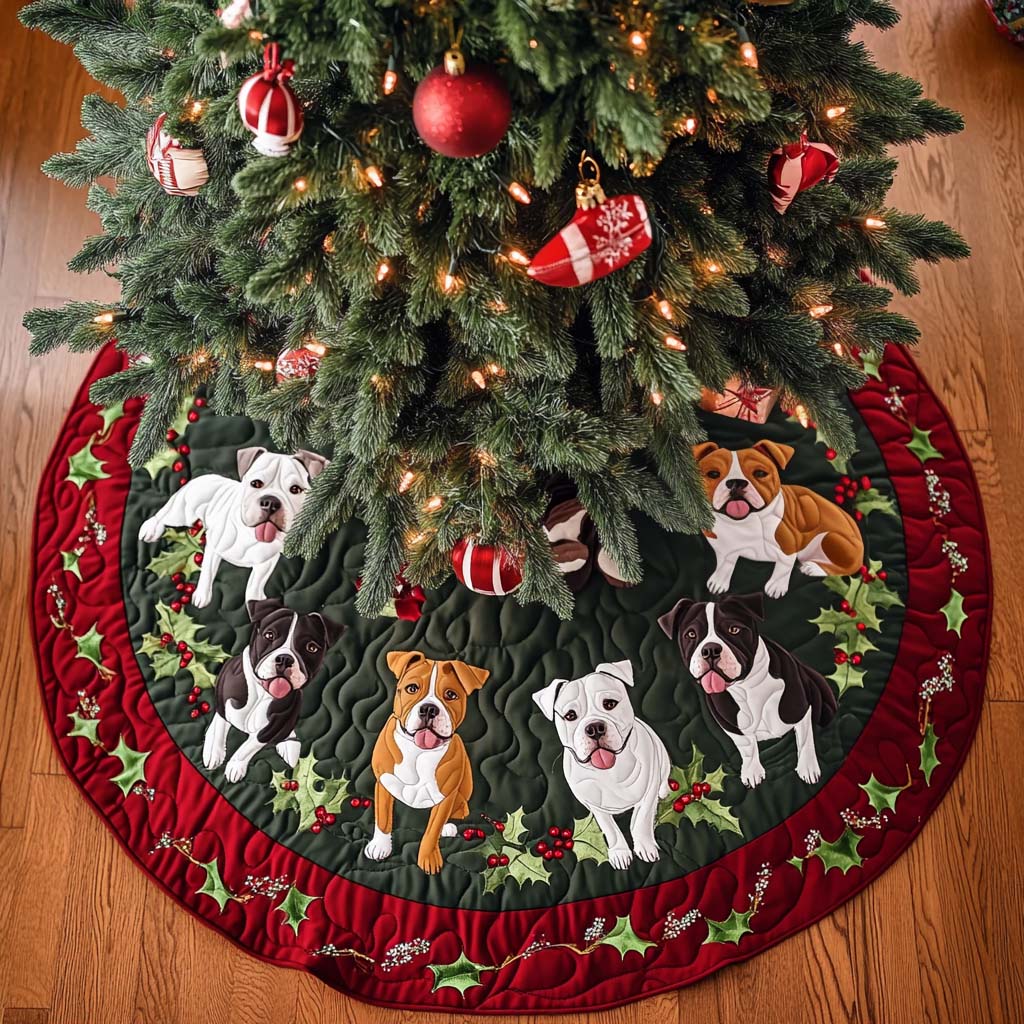 Pitbull Holly Jolly Christmas Quilted Tree Skirt Festive Christmas Home Styling