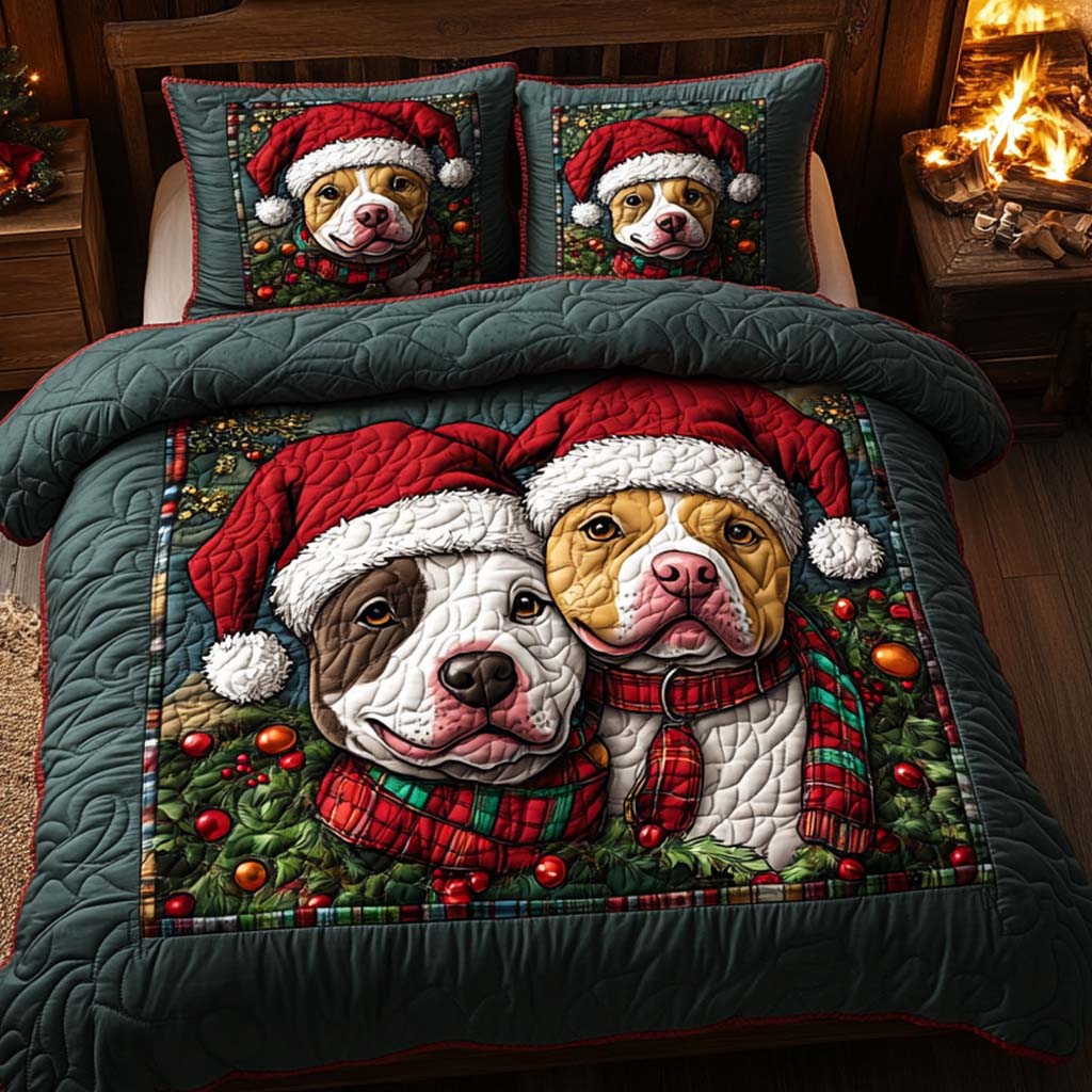 Pitbull Noel Friends Quilted Bedding Set Holiday Duvet Cover Set Christmas Gift Ideas For Dog Owners
