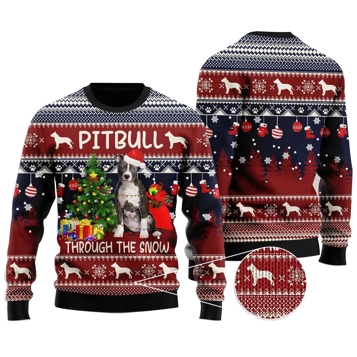 Pitbull Through The Snow Ugly Christmas Sweater Funny Jumper Xmas Pitbull Lovers Gifts
