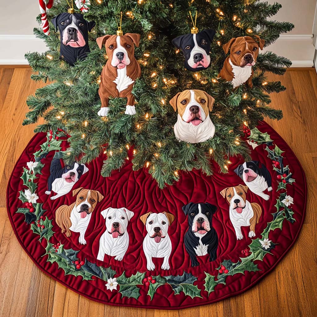 Pitbull Winter Whimsy Christmas Quilted Tree Skirt Family Holiday Gathering Decor