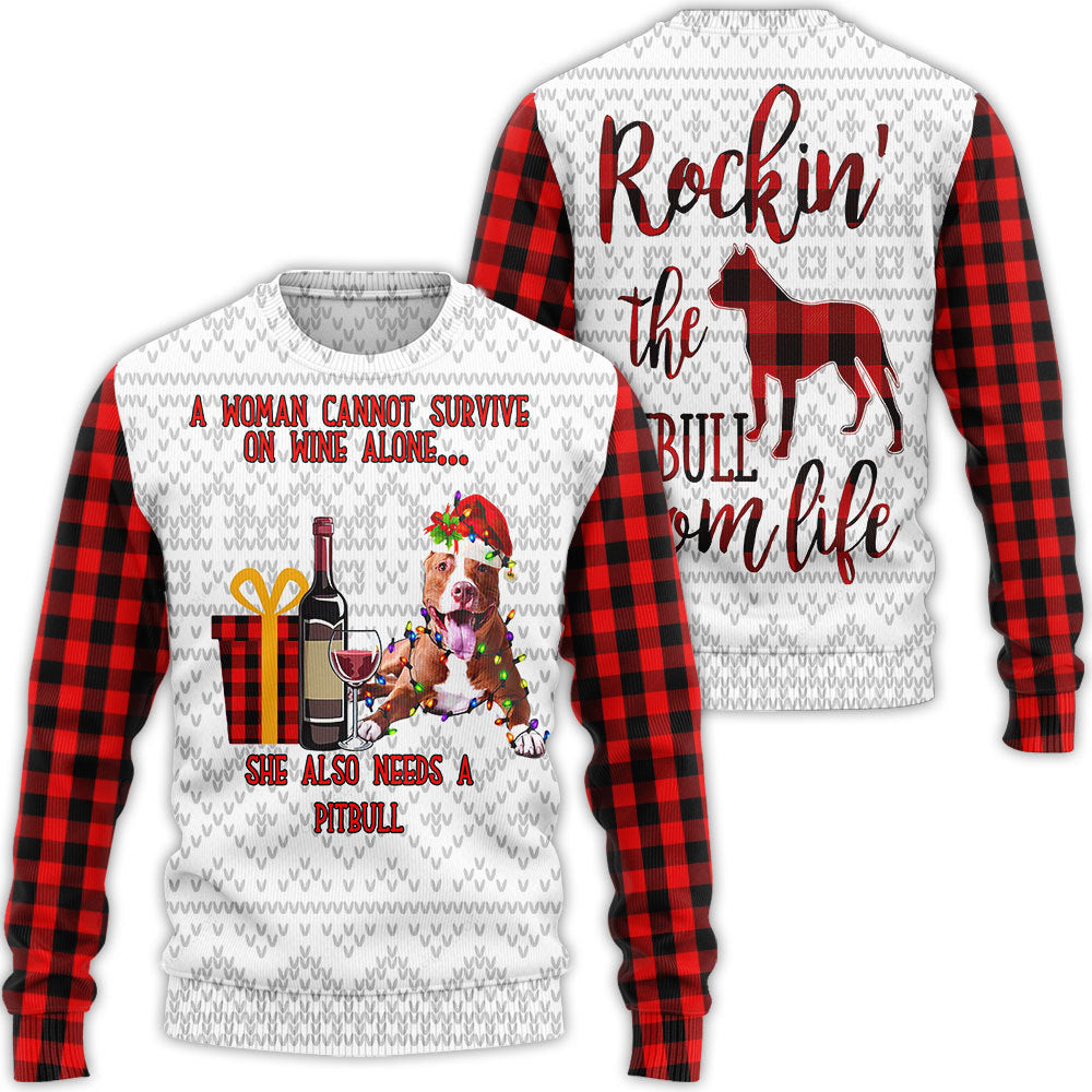 Pitbull Woman Cannot Survive On Wine Ugly Christmas Sweater Xmas Gifts For Wine Lovers