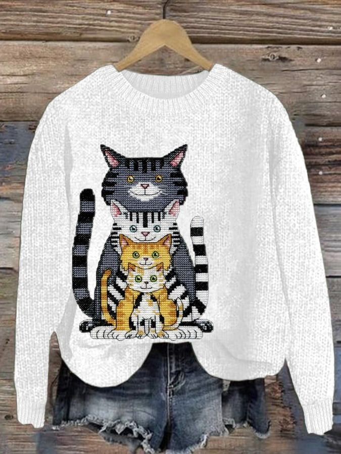 Pixelated Cat Family Sweater Funny Cat Pullover Xmas Holiday Gifts For Cat Lovers