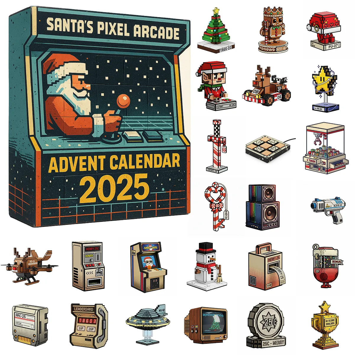 Pixelated Santa Small Arcade Ornament Advent Calendar 2025 Winter Decor Funny Secret Santa Gifts
