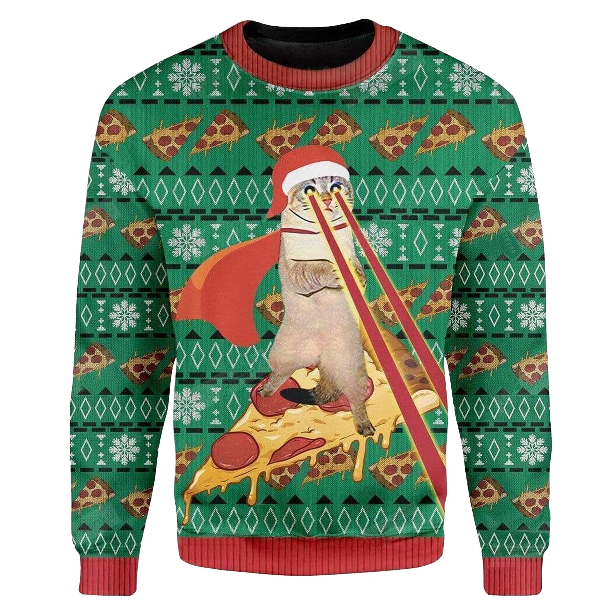 Pizza And Cat Ugly Christmas Sweater Funny Xmas Jumper Presents For Pizza Lovers