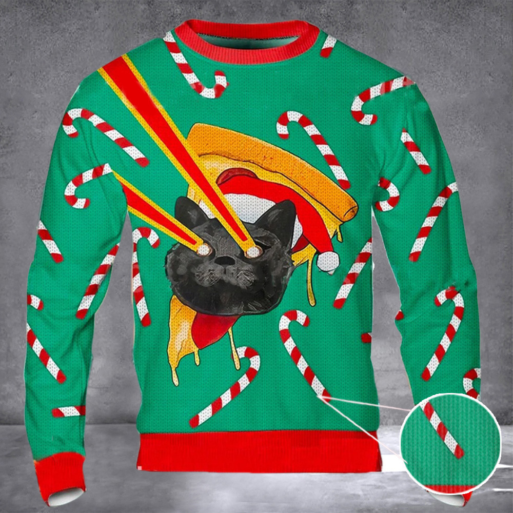 Pizza Cat Laser Eyes Drax Christmas Sweater Cat With Laser Eyes Sweater Xmas Holiday 2024 S