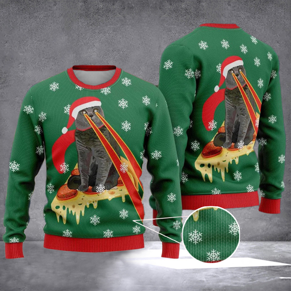 Pizza Cat With Laser Eyes Christmas Sweater Drax Christmas Sweater For Men Women