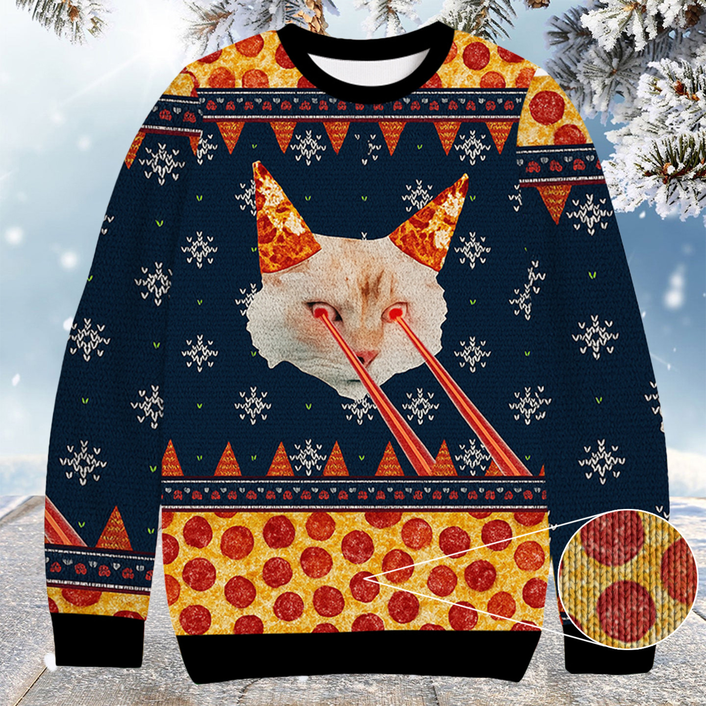 Pizza Cat With Laser Eyes Christmas Ugly Sweater Christmas Gifts For Employees