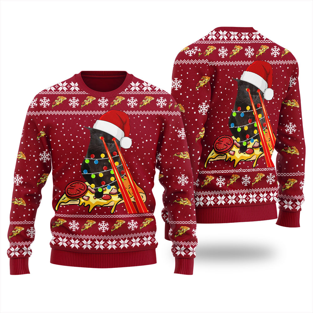 Pizza Cat With Laser Eyes Mens Ugly Christmas Sweater Trendy Christmas Sweater for Winter Outfits