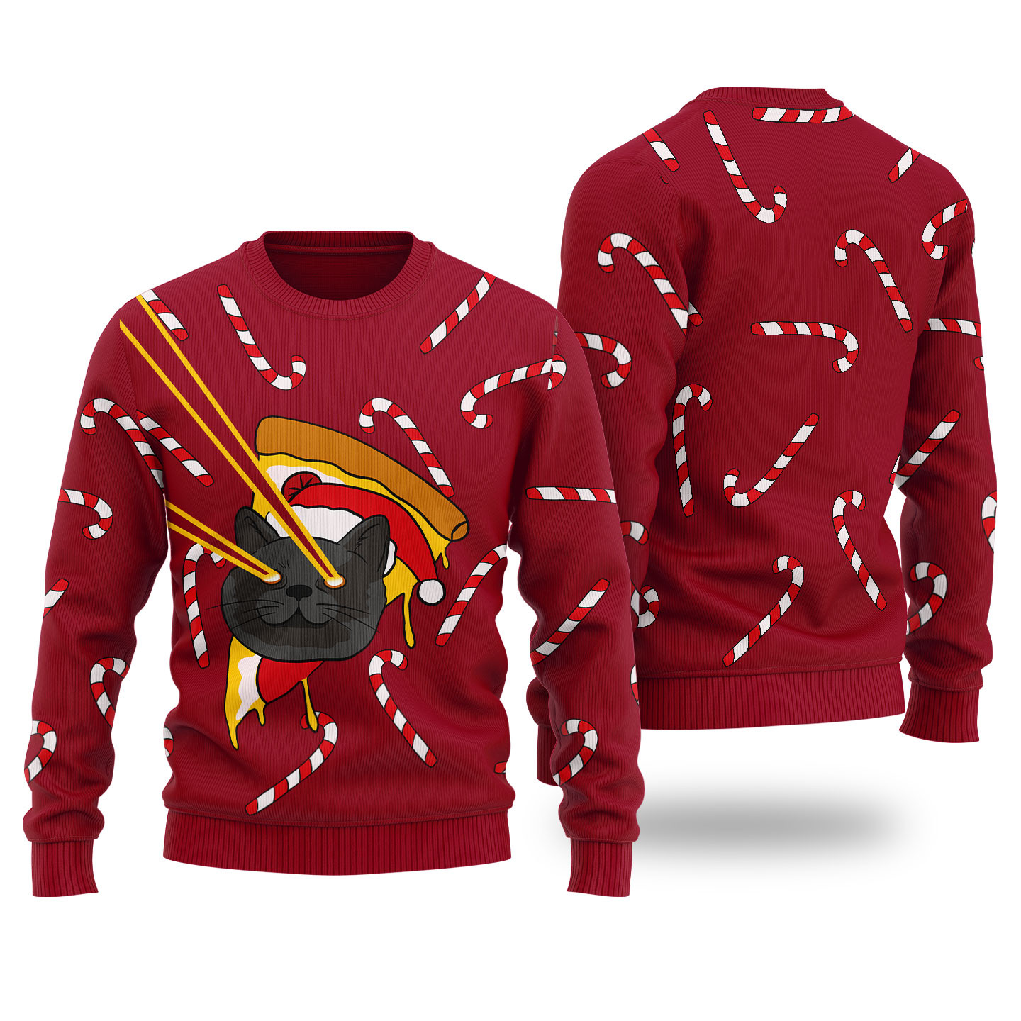 Pizza Cat With Laser Eyes Ugly Christmas Sweater Cardinal Red Popular Holiday Gift Merch for Everyone