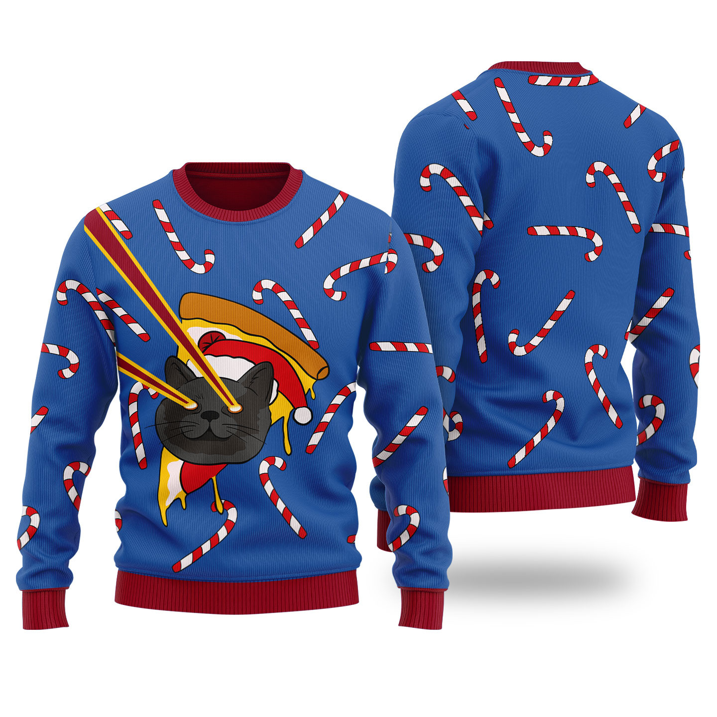 Pizza Cat With Laser Eyes Ugly Christmas Sweater Royal Meaningful Holiday Gift Merch to Show You Care