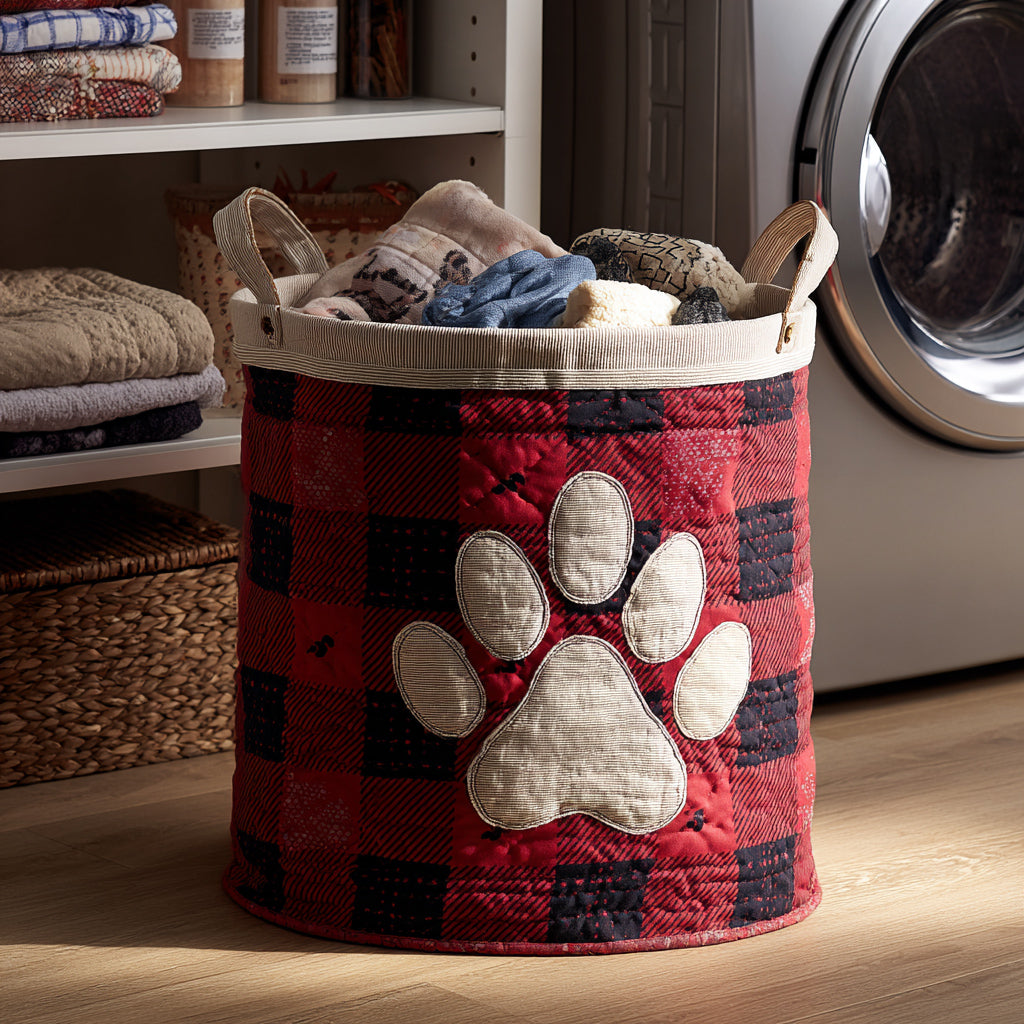 Plaid Bulldog Paw Quilted Laundry Basket Holiday Merch Gift