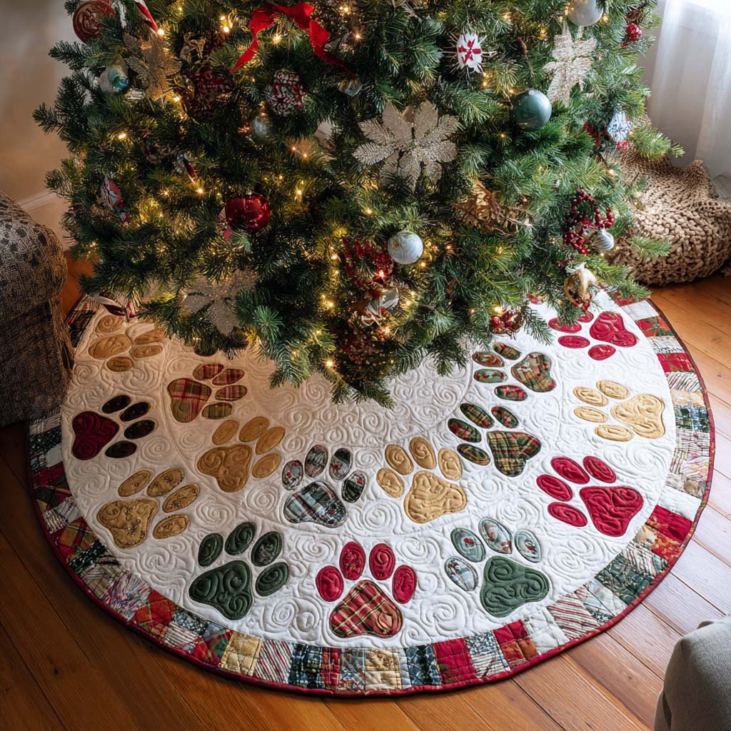 Plaid Paws Christmas Quilted Tree Skirt Xmas Tree Cover Base Unique Gifts For Animal Lovers