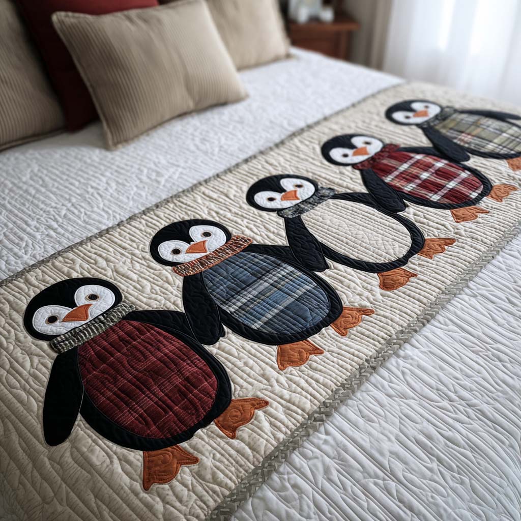 Plaid Penguins Quilted Bed Runner Bed Christmas Decor Family Christmas Presents