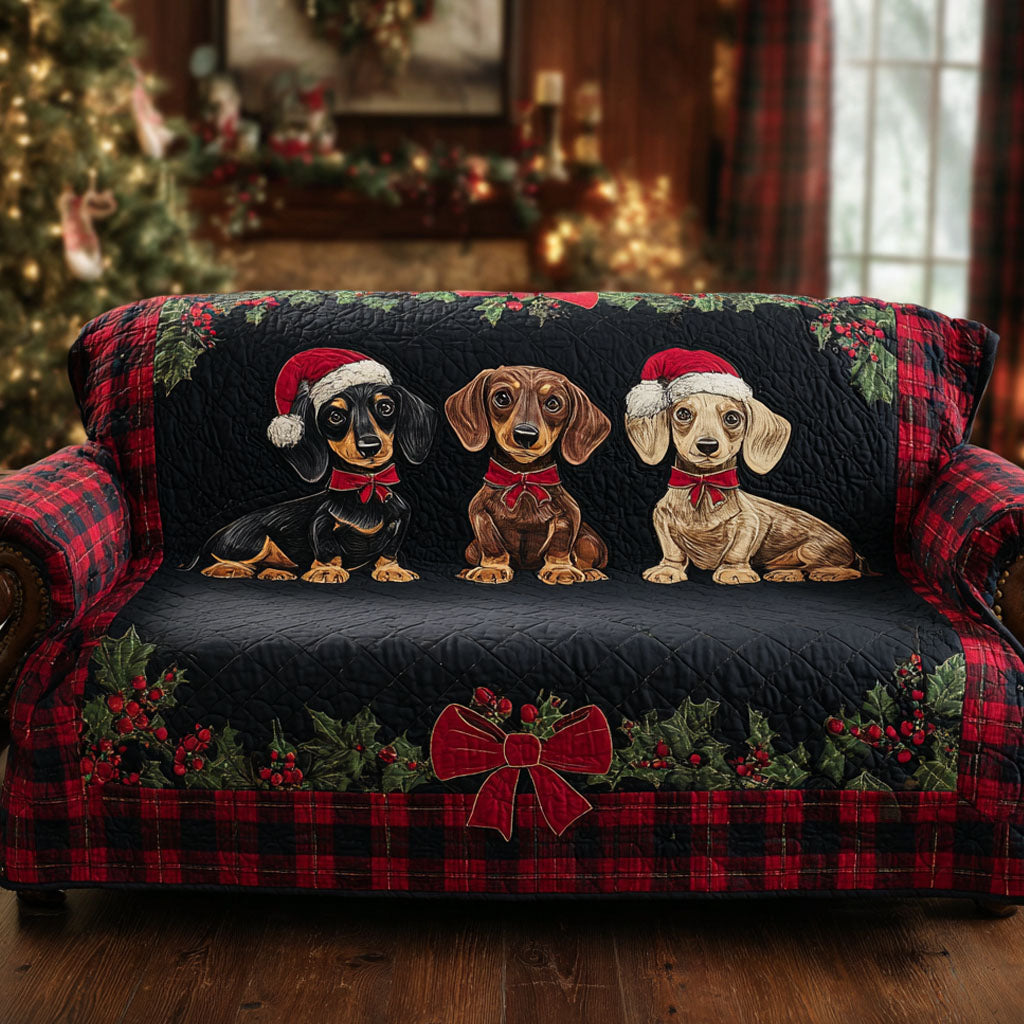Plaid Ribbon Pups Quilted Sofa Cover Living Room Winter Decor Sausage Dog Merchandise