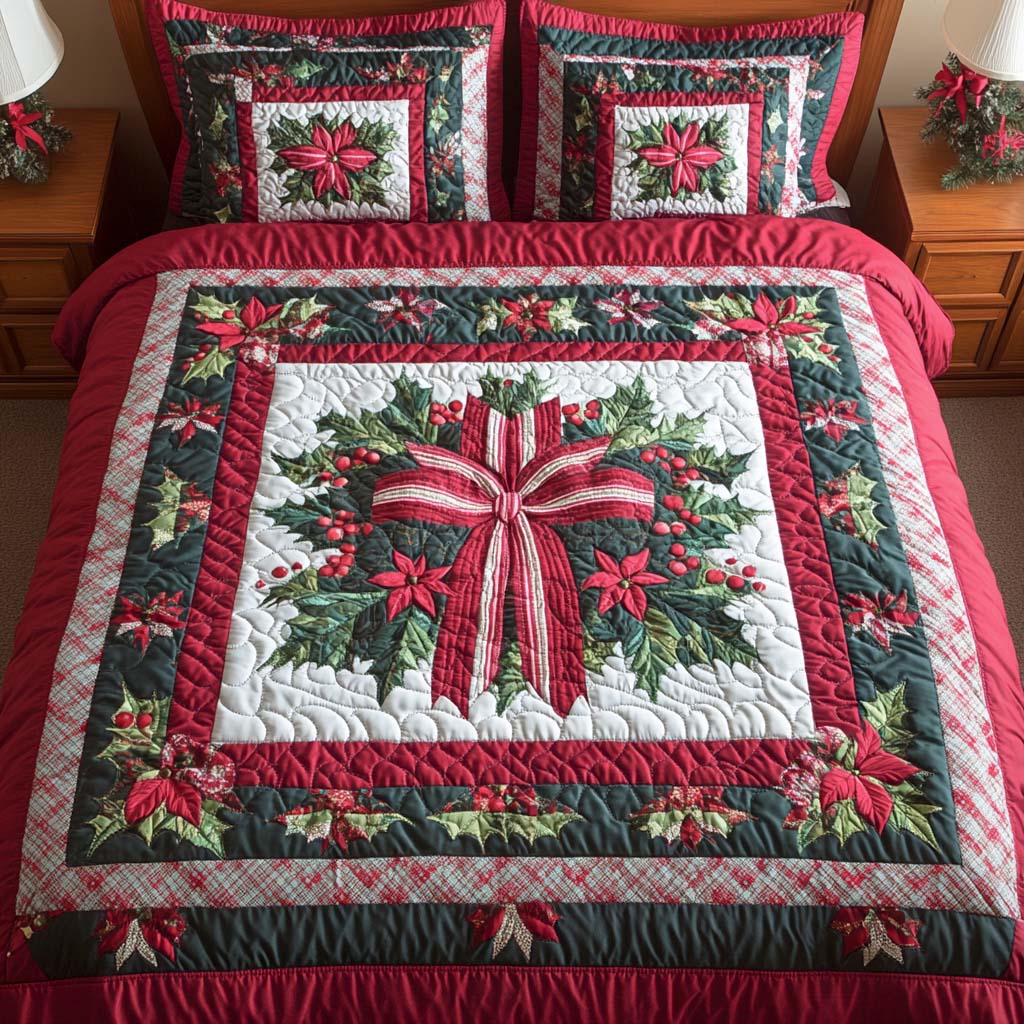 Plaid Ribbon Wreath Quilted Bedding Set Holiday Duvet Cover Set Christmas Ideas For Girlfriend
