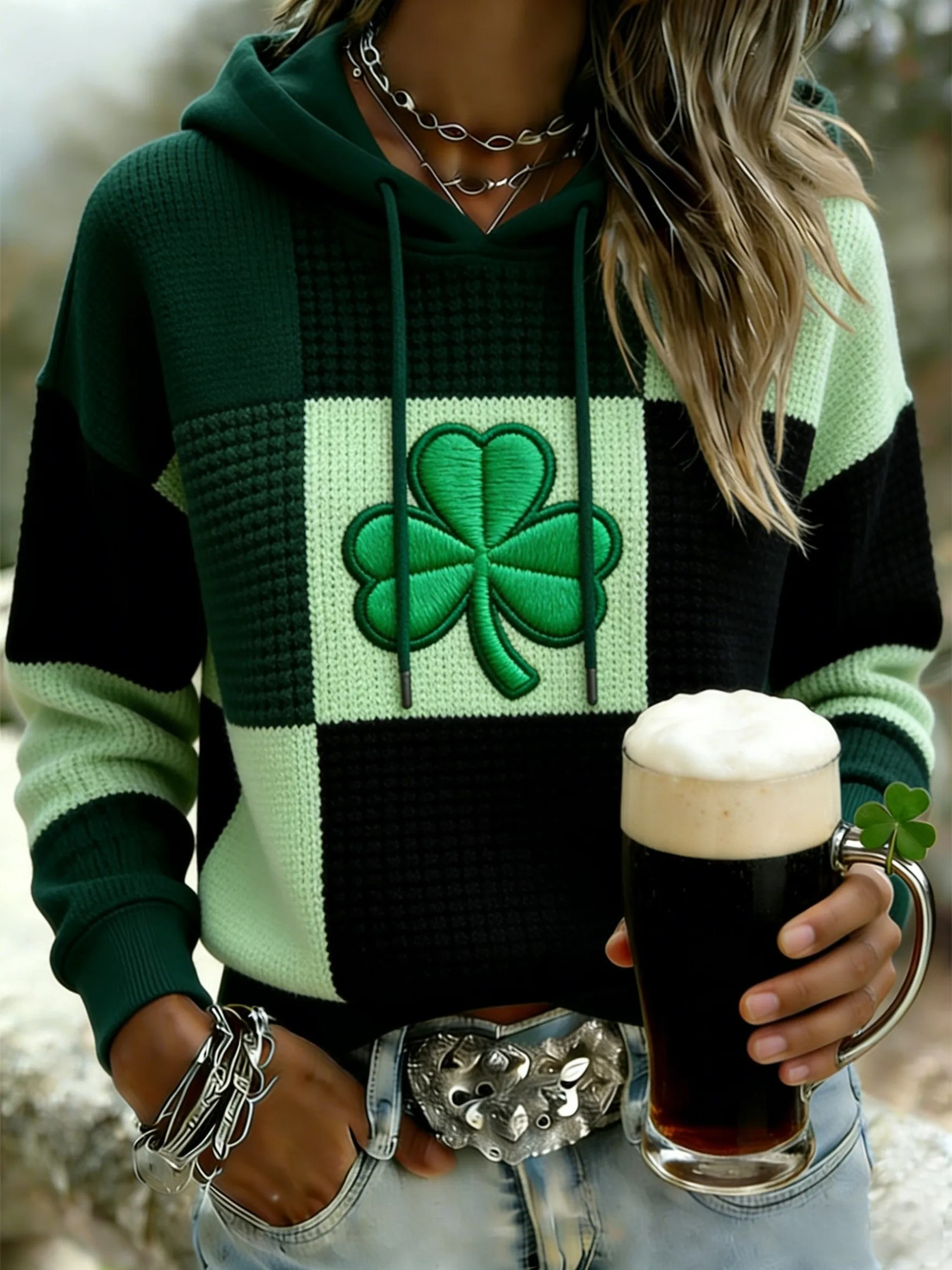 Plaid Shamrock Hoodie St Patricks Day Outfit Knit Irish Beer Best Gift For Women Men