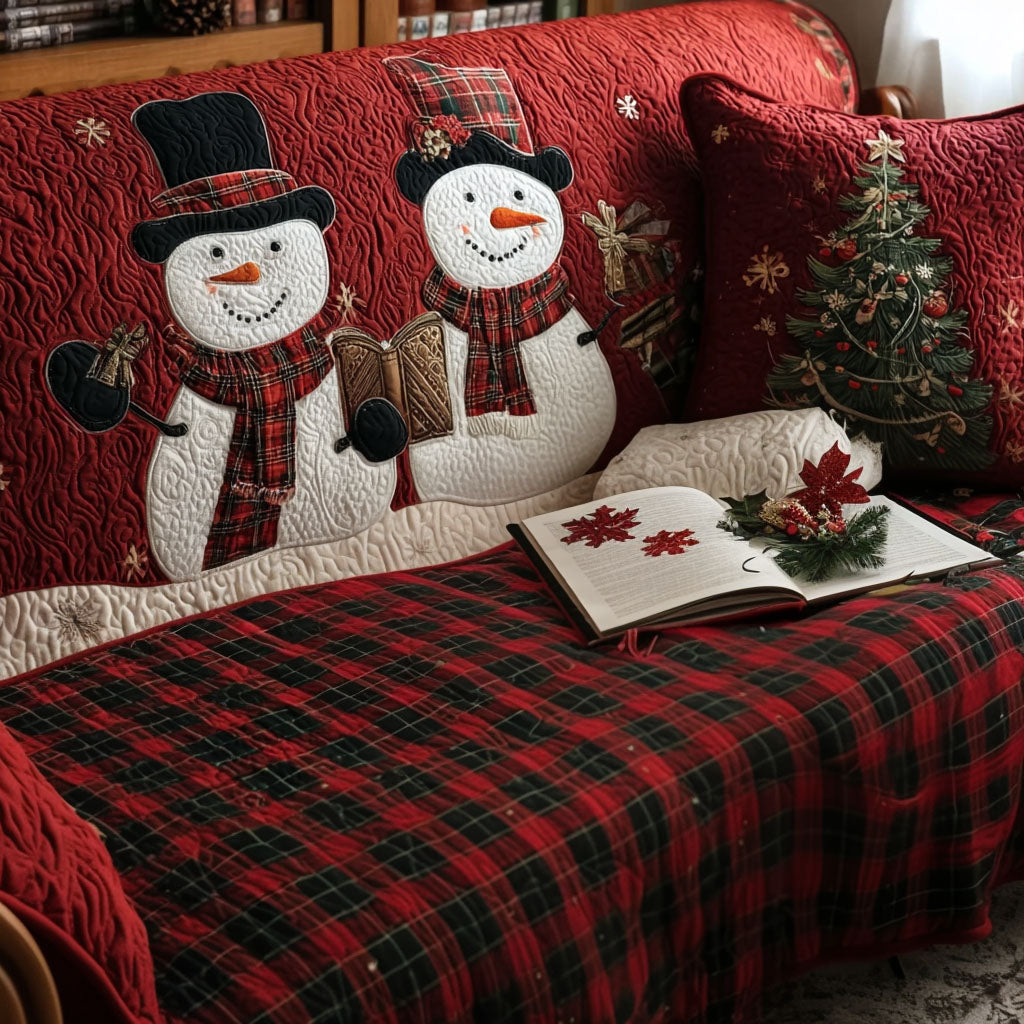 Plaid Snowman Cheer Quilted Sofa Cover Christmas Family Room Decor Book Themed Gift Items