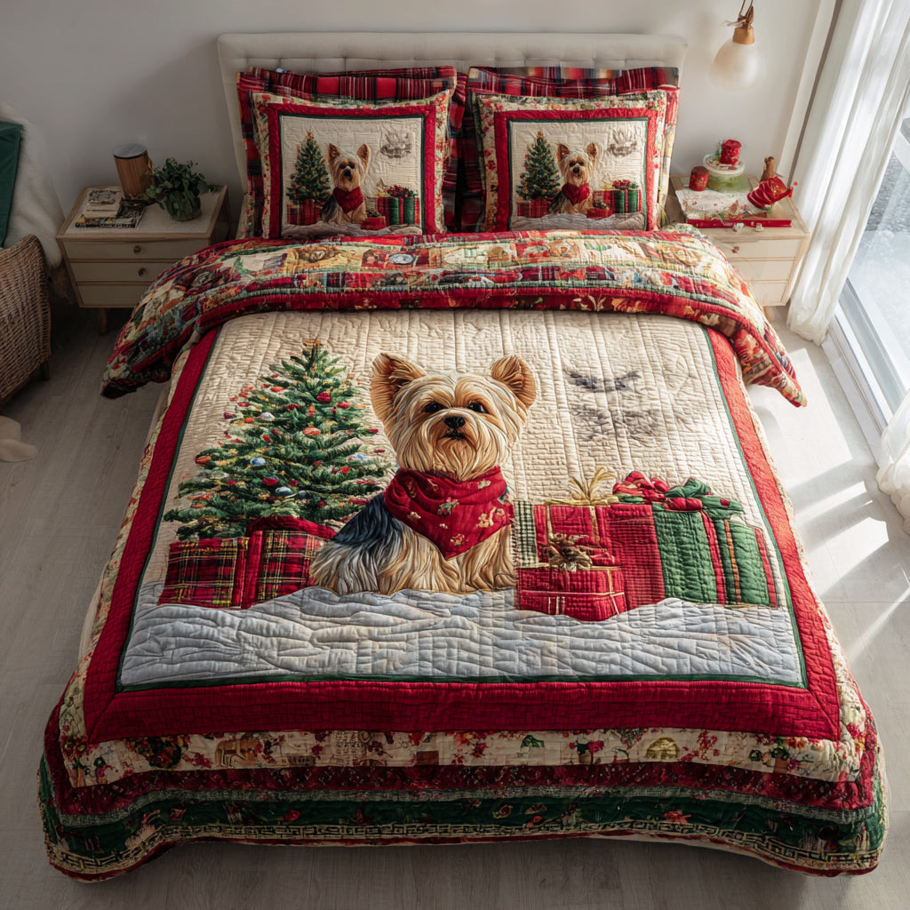 Plaid Yorkshire Terrier Quilted Bedding Set Christmas Duvet Cover Yorkshire Terrier Presents