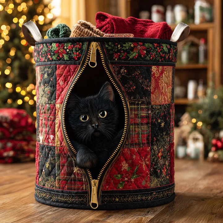Plaid Zipper Cat Quilted Laundry Basket Cozy Boho Christmas Cat Home Decor Gift For Cat Mom