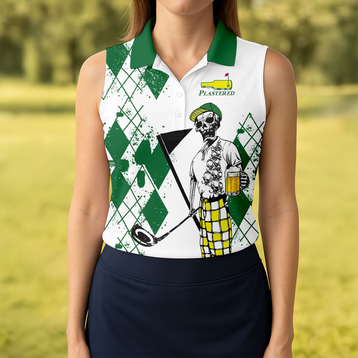 Plastered Golf And Beer Skeleton Golf Tournament Sleeveless Polo Shirt Best Golf Attire Mother's Day Gift