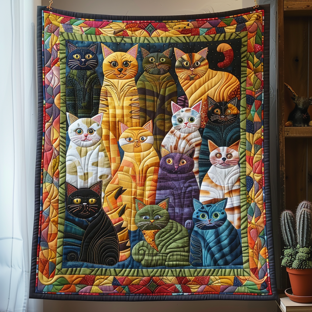 Playful Cat Patchwork Quilted Blanket Unique Gifts For Cat Lovers