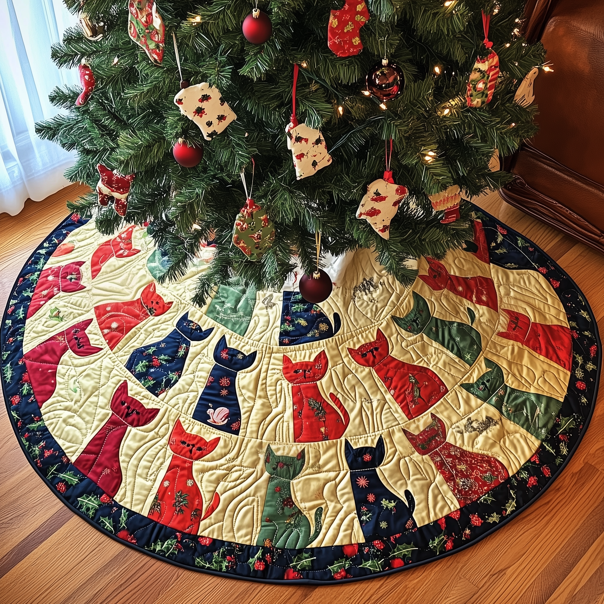 Playful Cat Quilted Tree Skirt Beautiful Christmas Home Merch