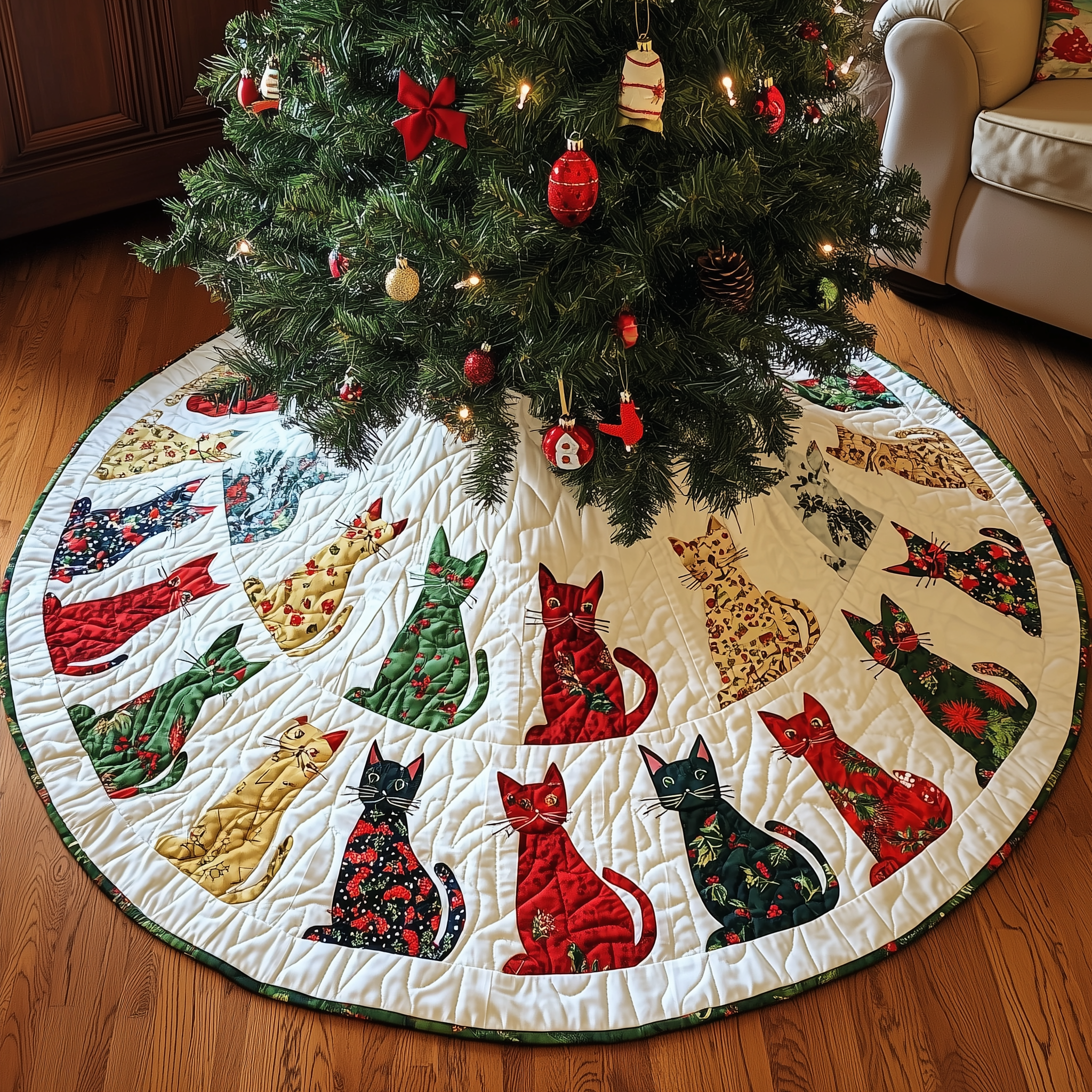 Playful Cat Quilted Tree Skirt Charming Holiday Home Merch
