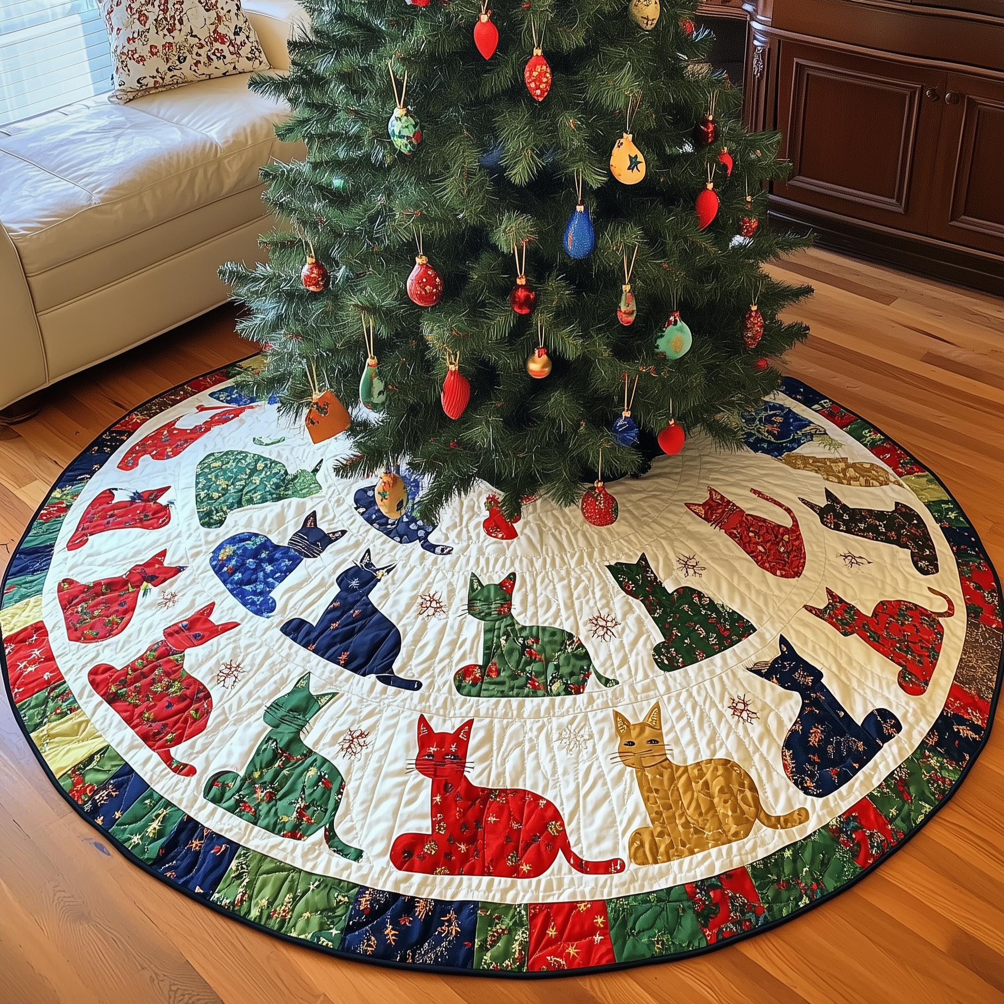 Playful Cat Quilted Tree Skirt Holiday Christmas Gifts For Cat Lovers Owners
