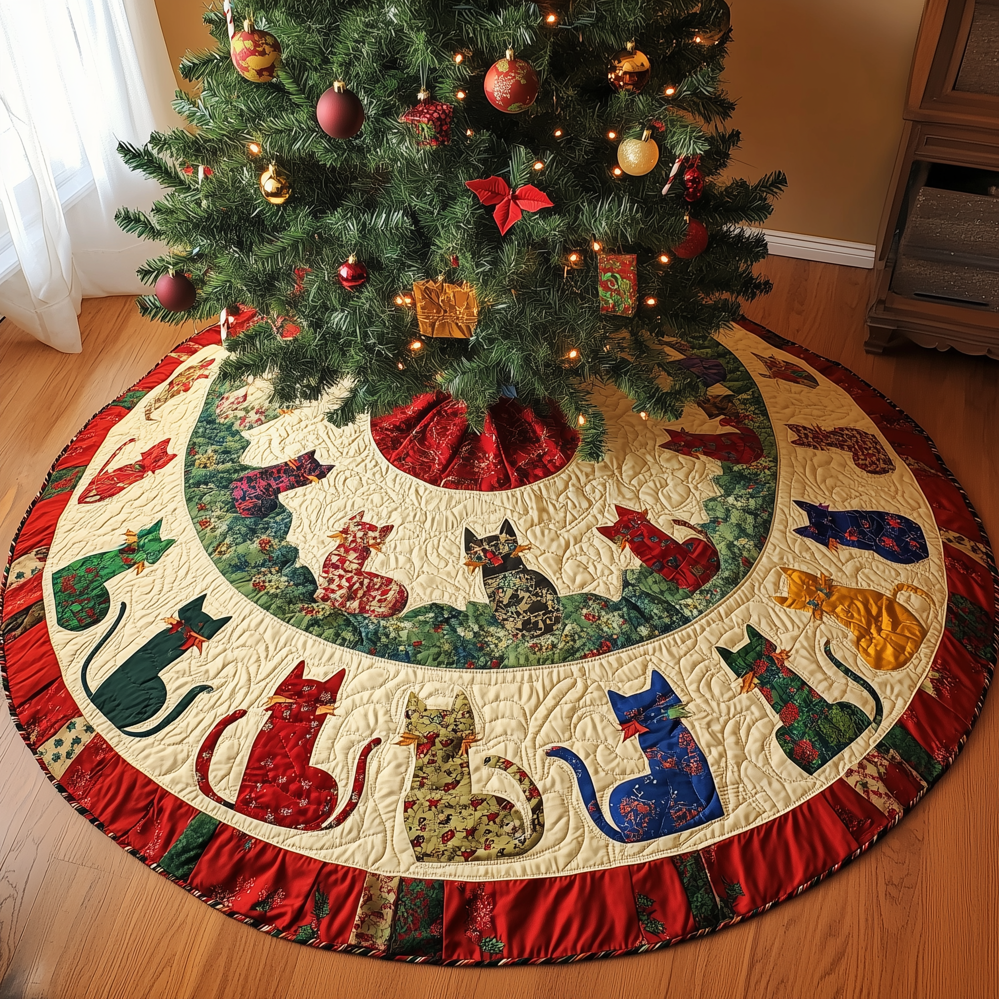 Playful Cat Quilted Tree Skirt Lovely Gift Merch For Couples