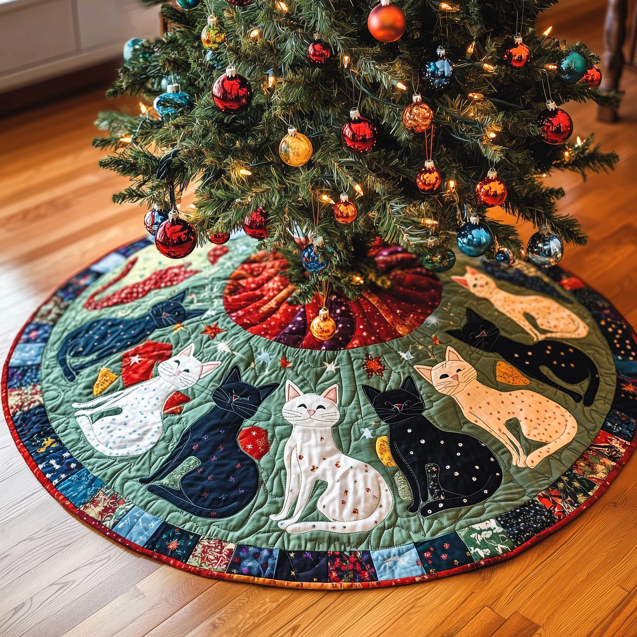 Playful Cat Quilted Tree Skirt Stylish Holiday Decor Gift Merch