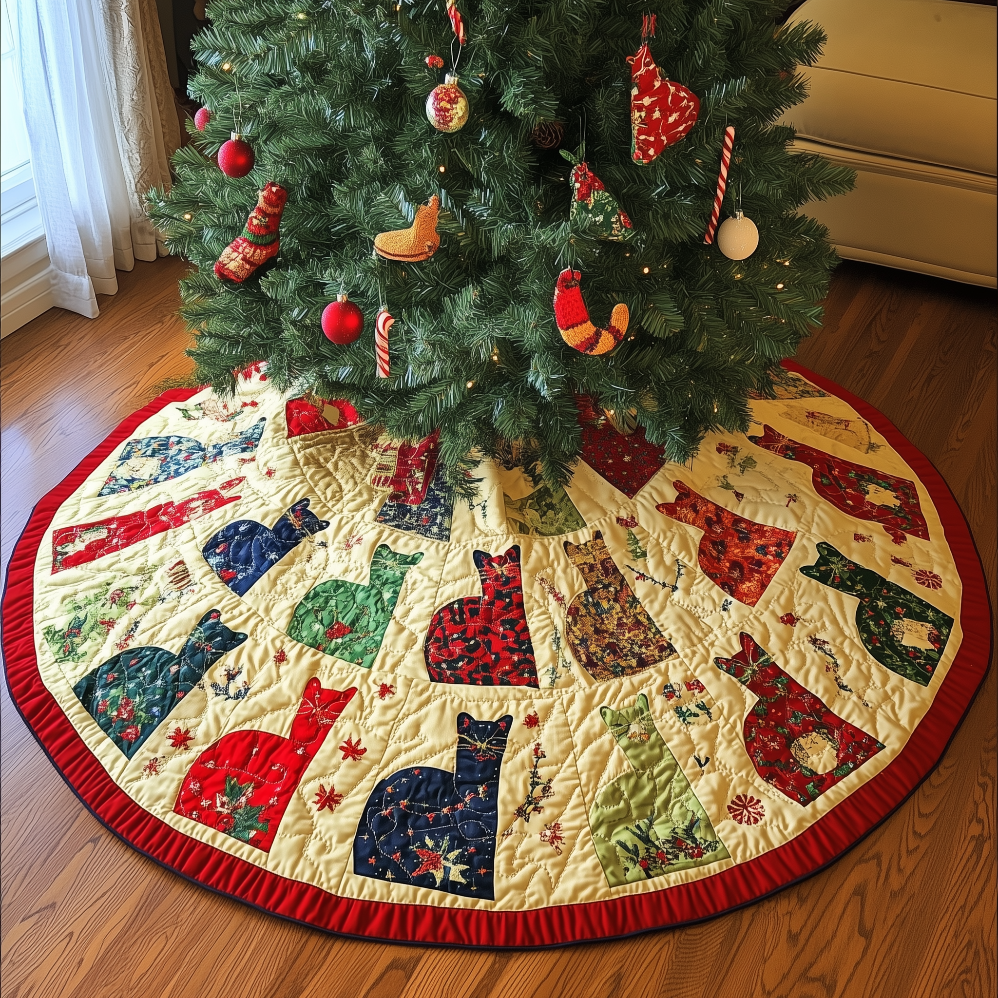 Playful Cat Quilted Tree Skirt Warm Gift Merch For Family