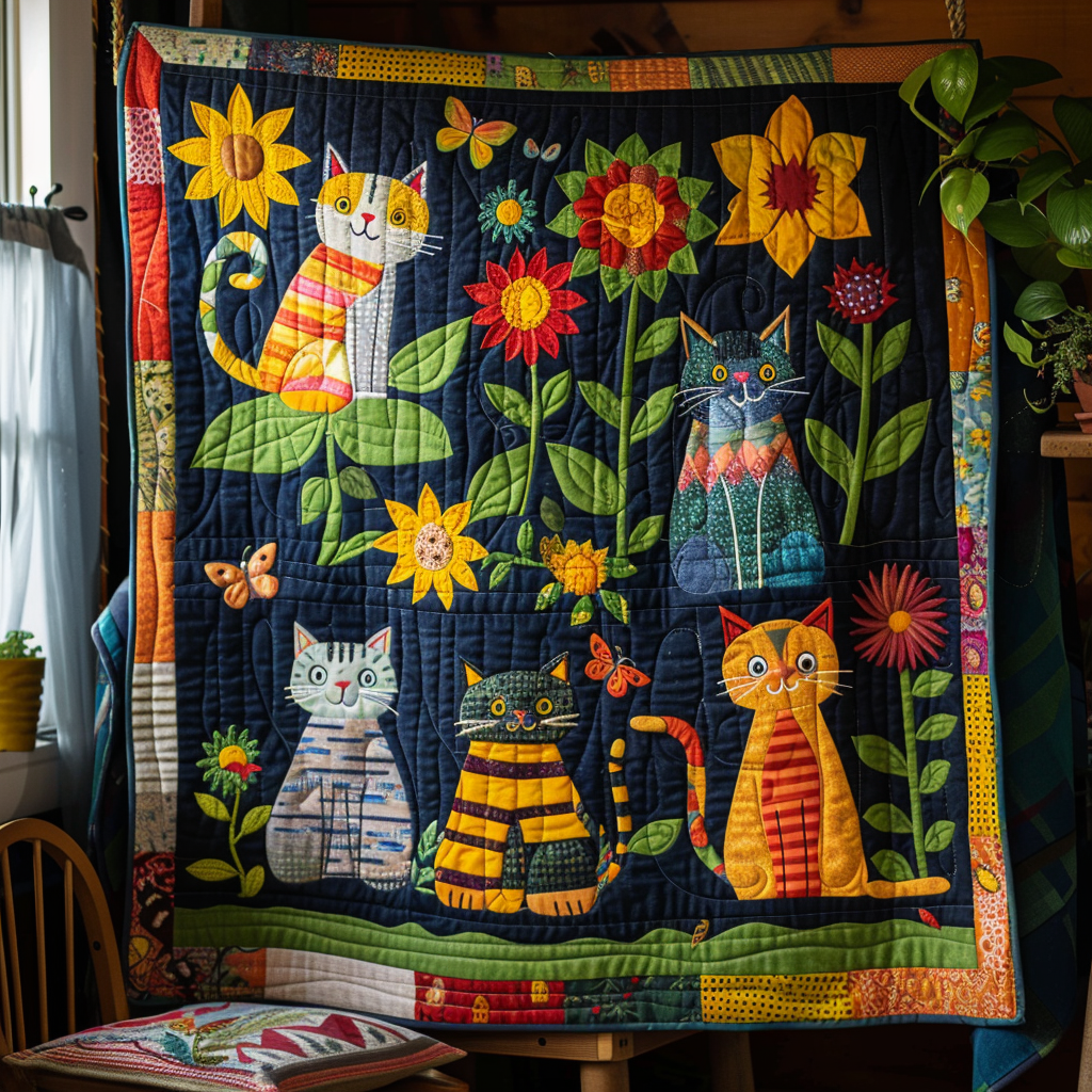 Playful Cats Quilted Blanket Unique Gifts For Cat Lovers