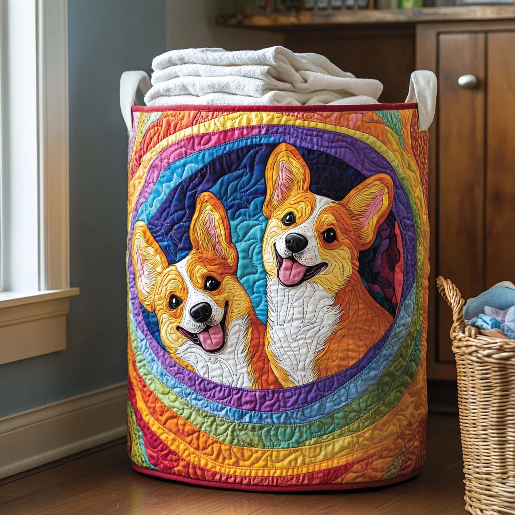 Playful Corgi Rainbow Quilted Laundry Basket Merch For Friends