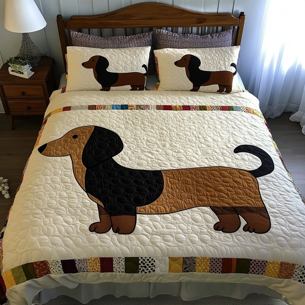 Playful Dachshund Quilted Bedding Set Duvet Cover Bed Sheet Set Sausage Dog Gift Ideas