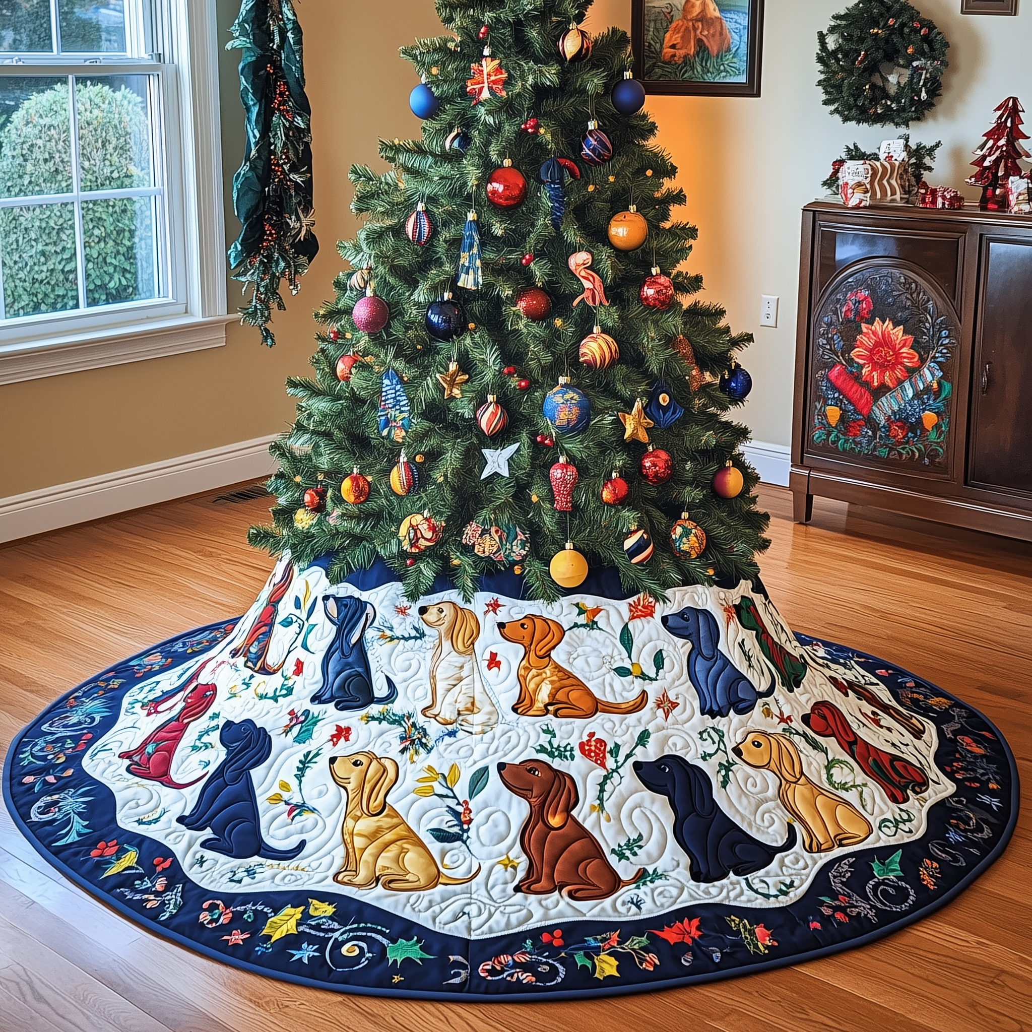 Playful Dachshund Quilted Tree Skirt Cute Sausage Dog Wiener Dog Christmas Decorations