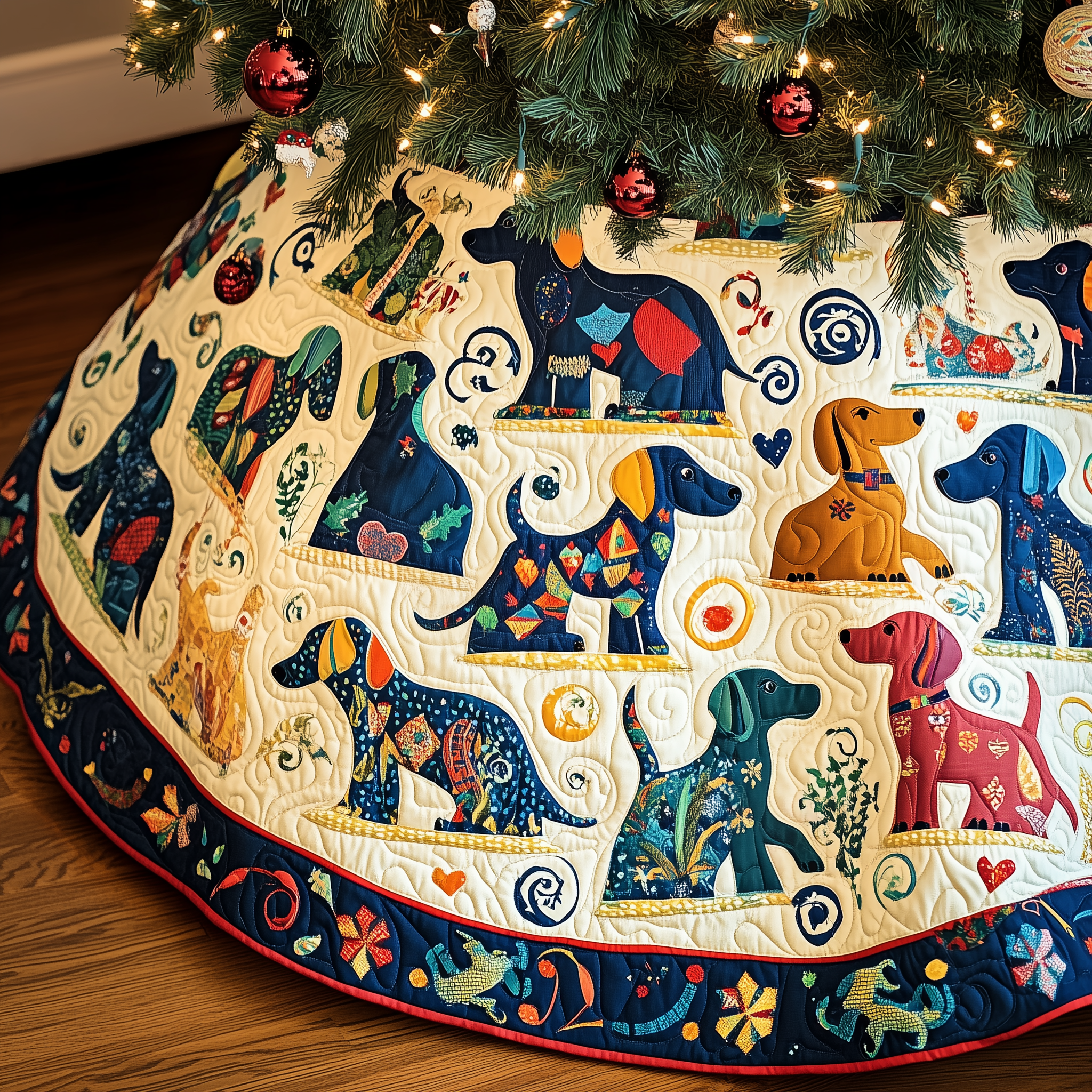 Playful Dachshund Quilted Tree Skirt Cute Sausage Dog Wiener Dog Christmas Decorations