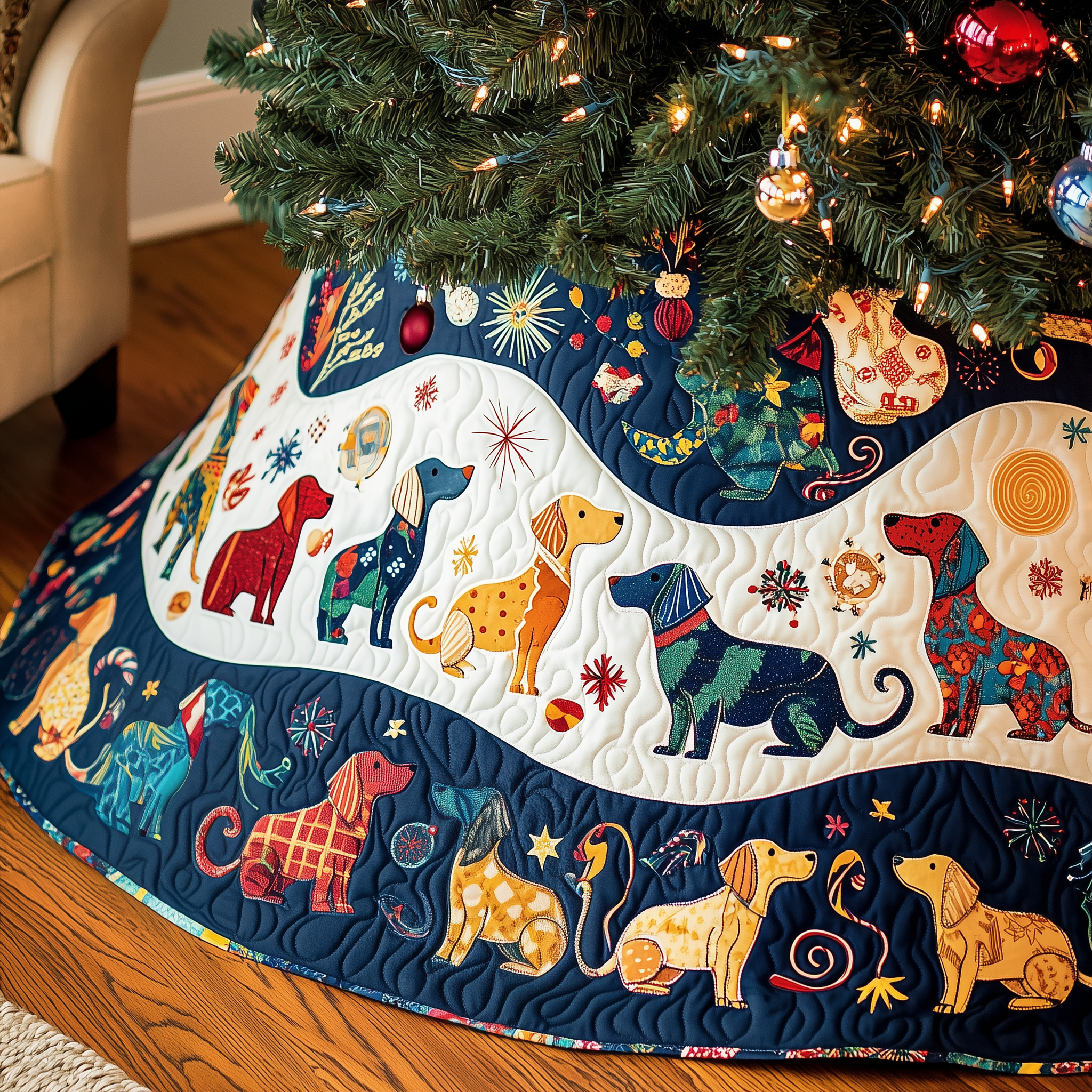 Playful Dachshund Quilted Tree Skirt Cute Sausage Dog Wiener Dog Christmas Decorations