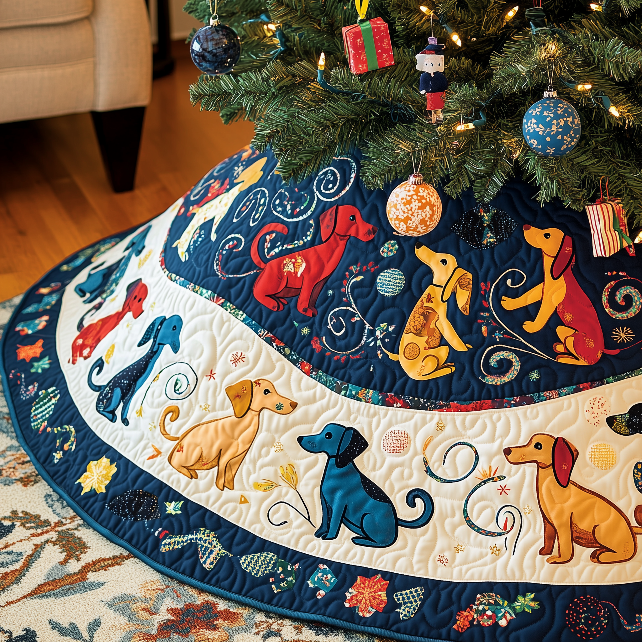 Playful Dachshund Quilted Tree Skirt Heartwarming Family Gathering Merch