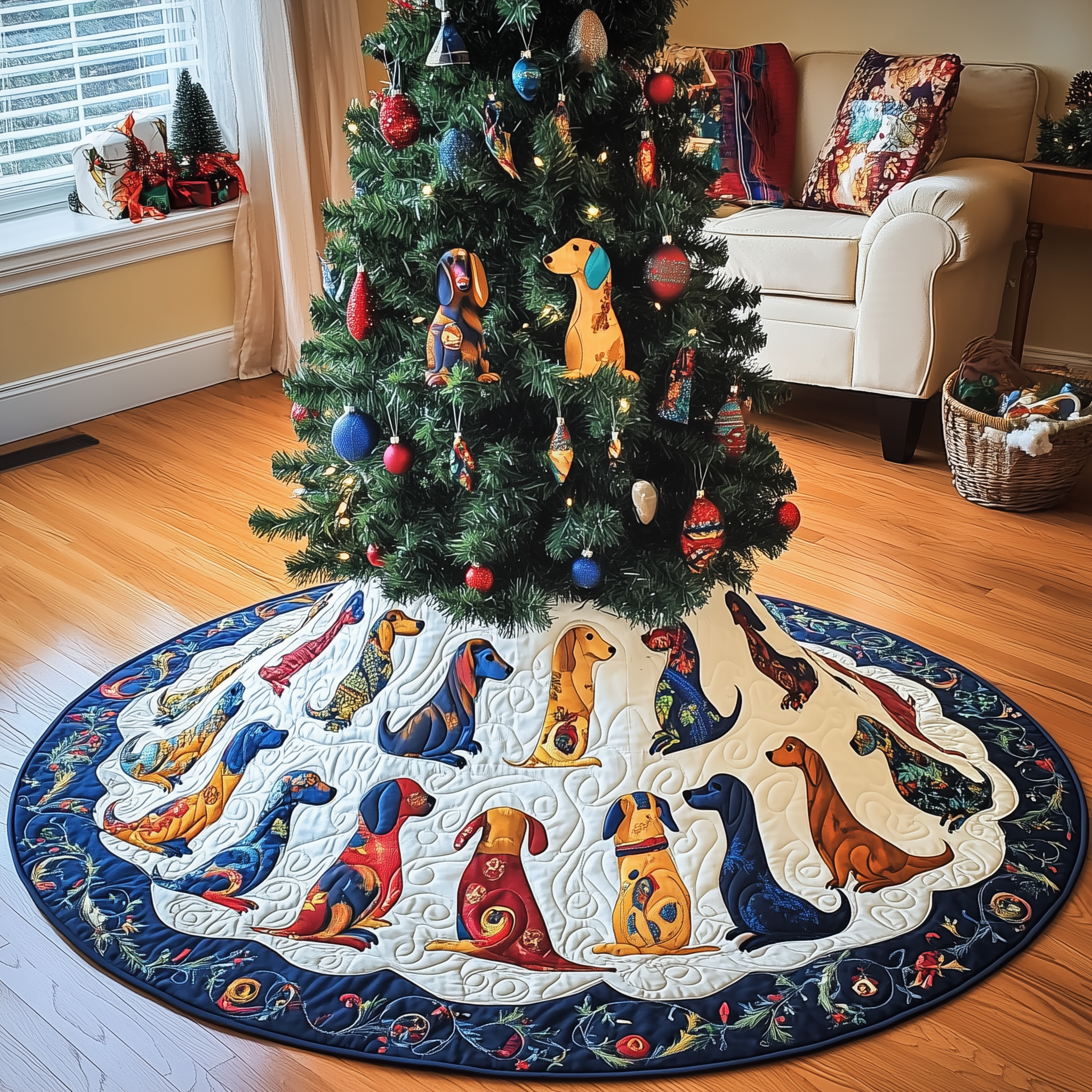 Playful Dachshund Quilted Tree Skirt Joyful Home Merch Collection