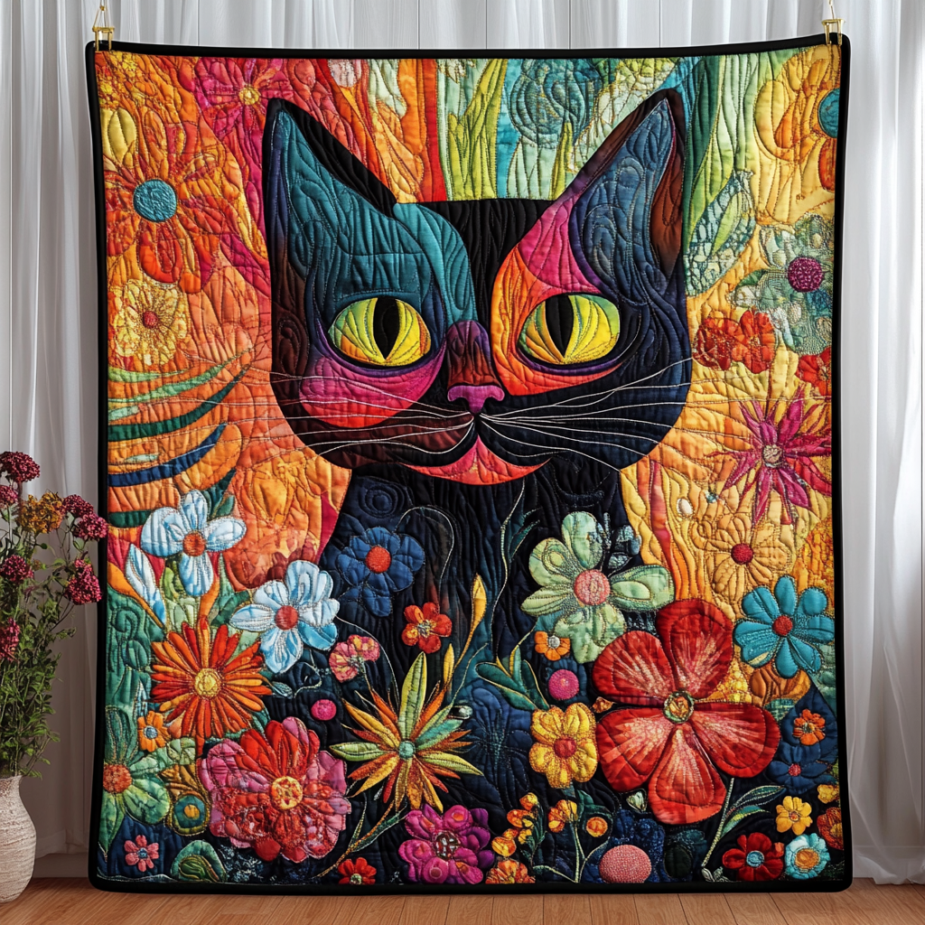 Playful Floral Cats Quilted Blanket Unique Cat Gifts